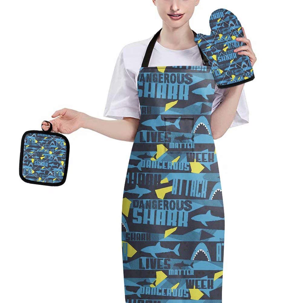 Allcute Shark Print Kitchen Apron, Oven Mitt & Pot Holder Set (3-Piece) - Adjustable, Heat-Resistant Hand Protection for Cooking, Baking, BBQ & Outdoor Grilling - Machine Washable Cotton - Perfect for Home Chefs & Backyard Parties