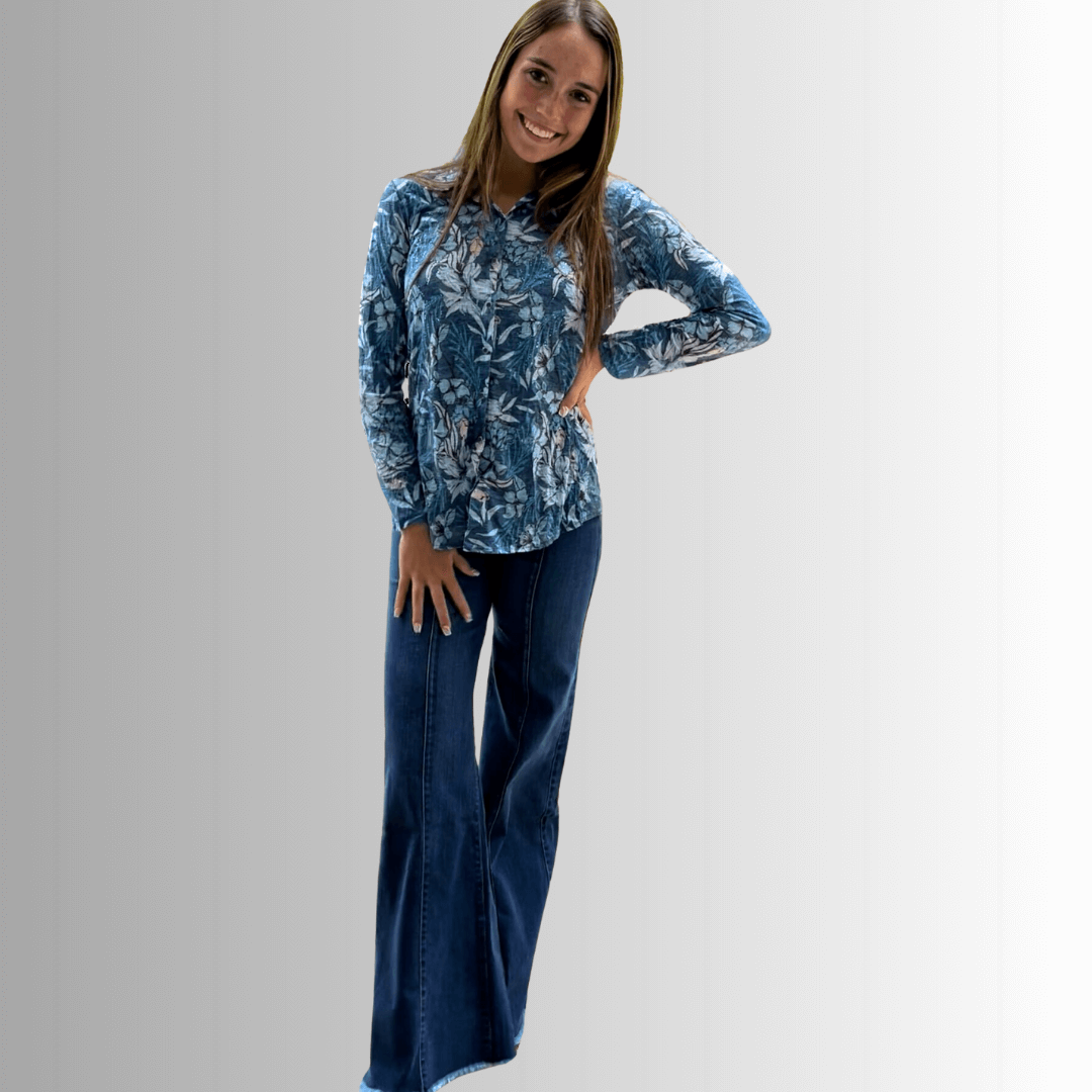 Stylish Blue Floral Rhinestone Embellished Women's Top | USA Made | Perfect for Parties, Weddings & Special Occasions