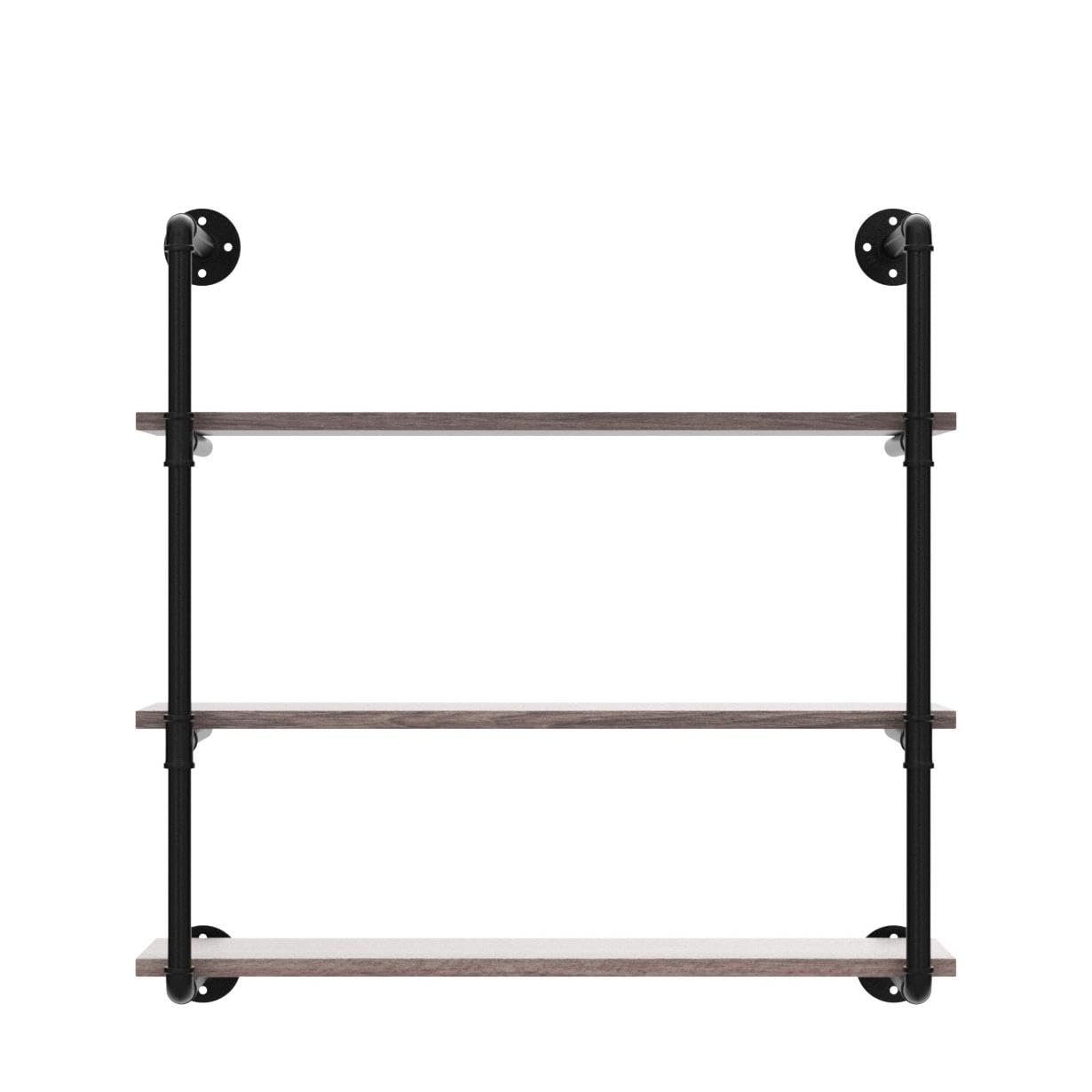 Industrial Pipe Shelving Wall Mounted - 36 Inch Rustic Metal Floating Shelves with Real Wood, Steampunk Style Bookcase, 3-Tier Farmhouse Kitchen Bar Shelving Unit for Home, Office & Retail Display