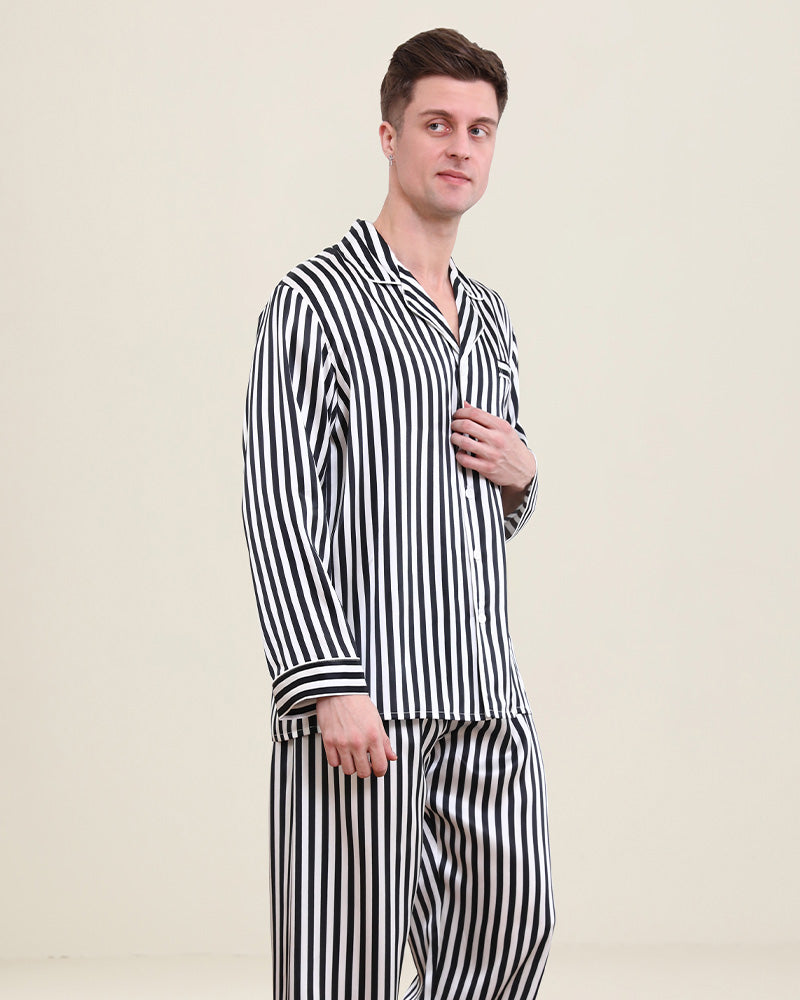 Premium Men's Silk Pajama Set - White Striped Luxury Sleepwear for Comfort & Style | Perfect for Lounging, Travel & Gift Giving