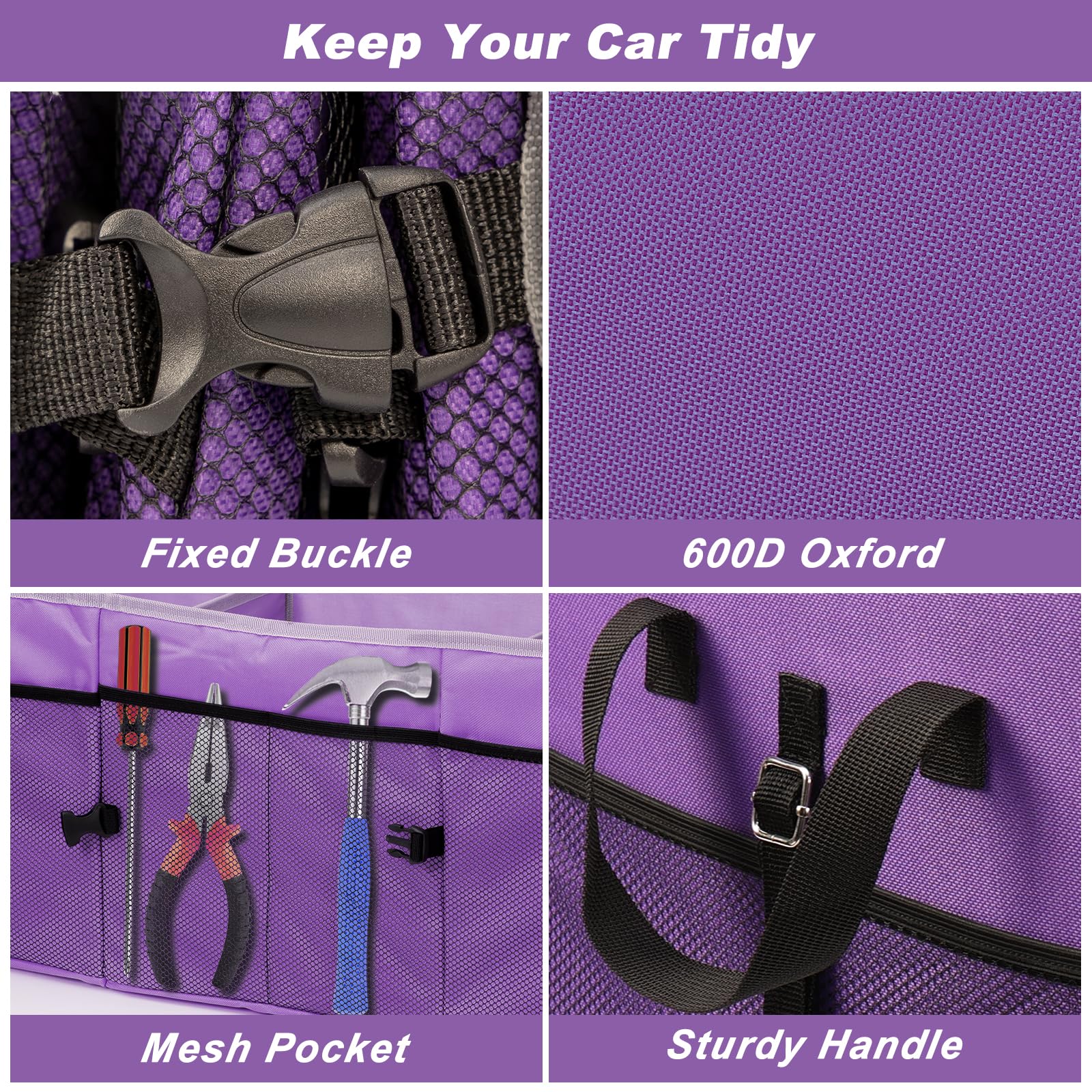 Collapsible 3-Compartment Car Trunk Organizer with Cooler Bag - Foldable SUV Storage Solution for Road Trips, Groceries & Sports Gear (Purple)