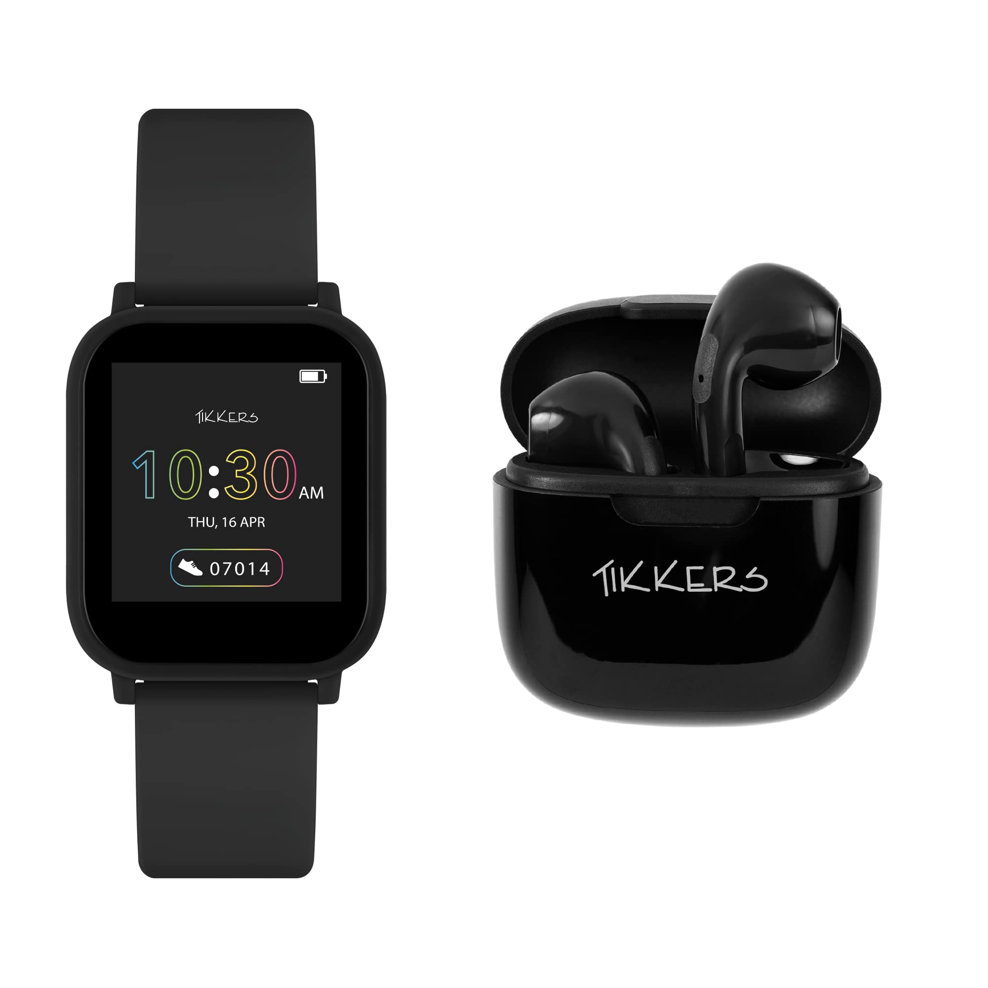 TKS10-0002-SETARG Tikkers Teen Series 10 Smart Watch & Wireless Earbuds Combo - Black | Fitness Tracker, Heart Rate Monitor, Bluetooth Headphones for Teens | Perfect for School, Sports & Daily Activities
