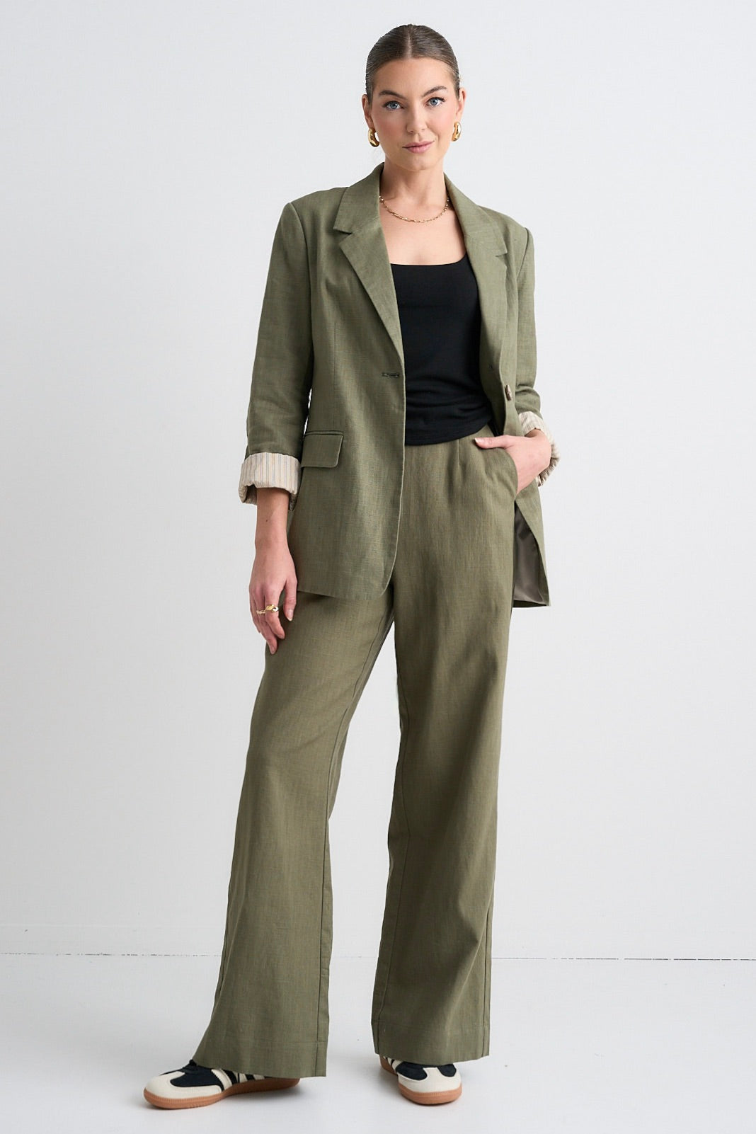 Boardwalk Soft Khaki Ramie High Waist Pants for Women - Comfortable Summer Wide Leg Trousers for Casual Wear & Office Outfits