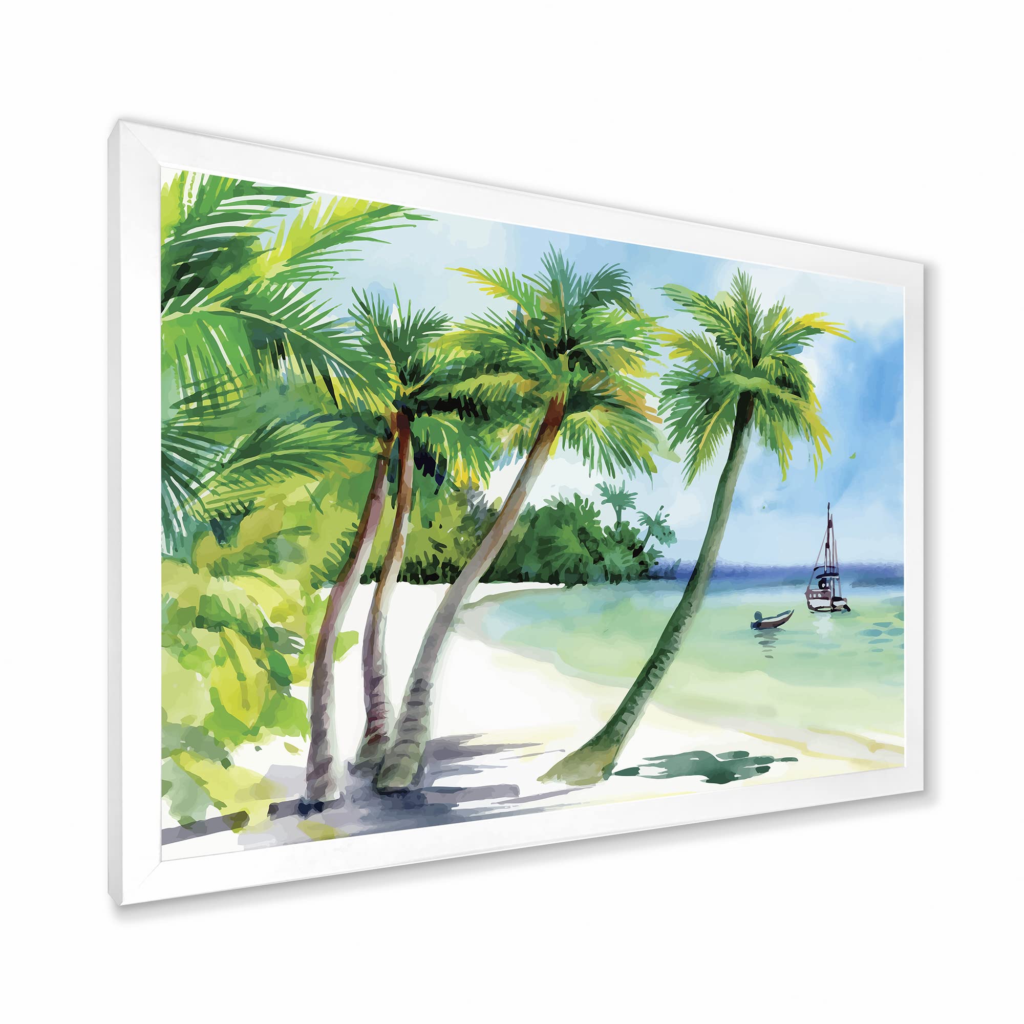 DesignQ Summer Beach Palm Trees Nautical Coastal Framed Wall Art - Tropical Ocean Themed Home Decor for Living Room, Bedroom, Office