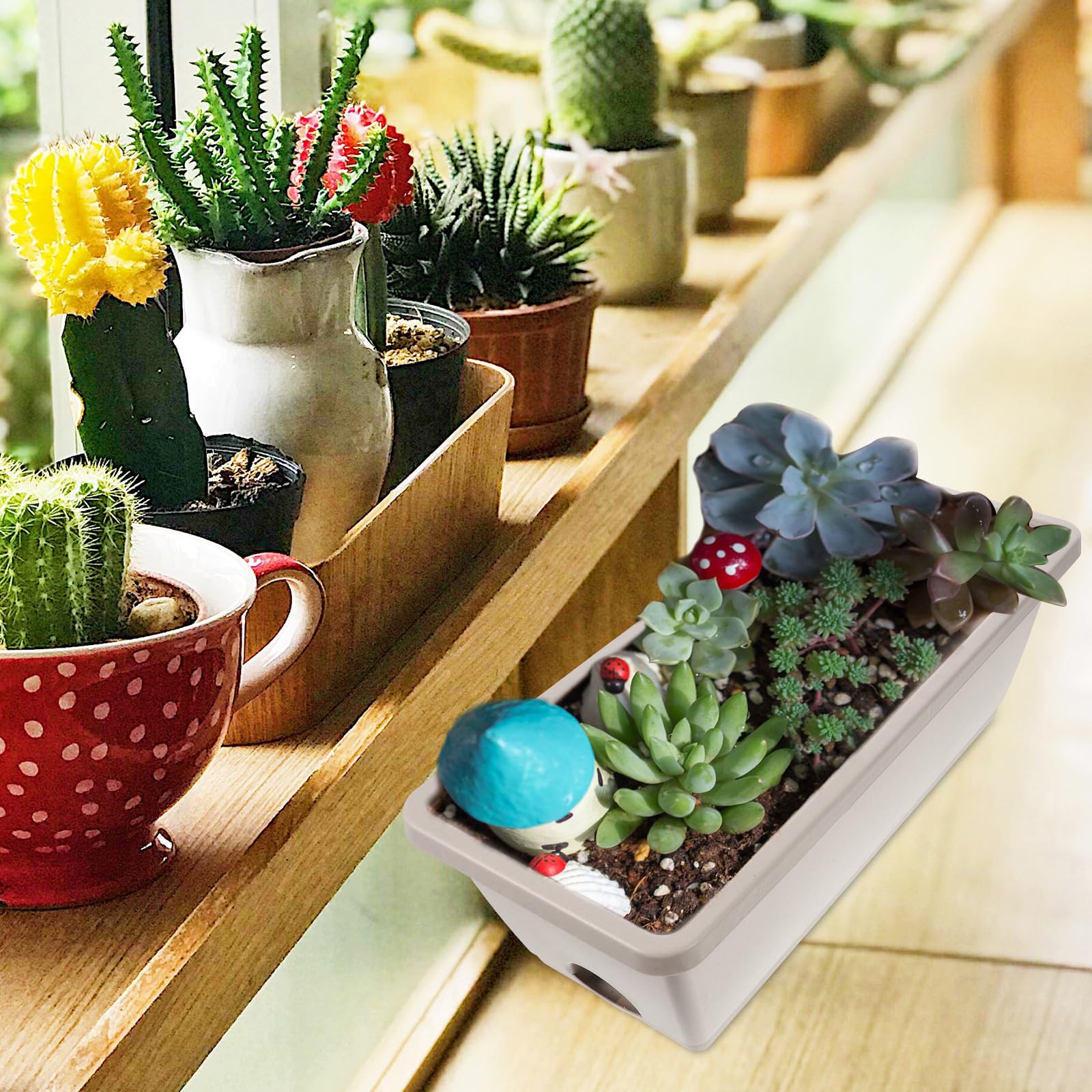 BESPORTBLE 17 Inch Window Box Planter Set of 4 - Rectangle Plastic Flower Pots with Drainage Holes & Trays - Indoor Outdoor Garden Planters for Flowers, Vegetables, Herbs - Perfect for Windowsills, Balconies, Patios & Home Decor