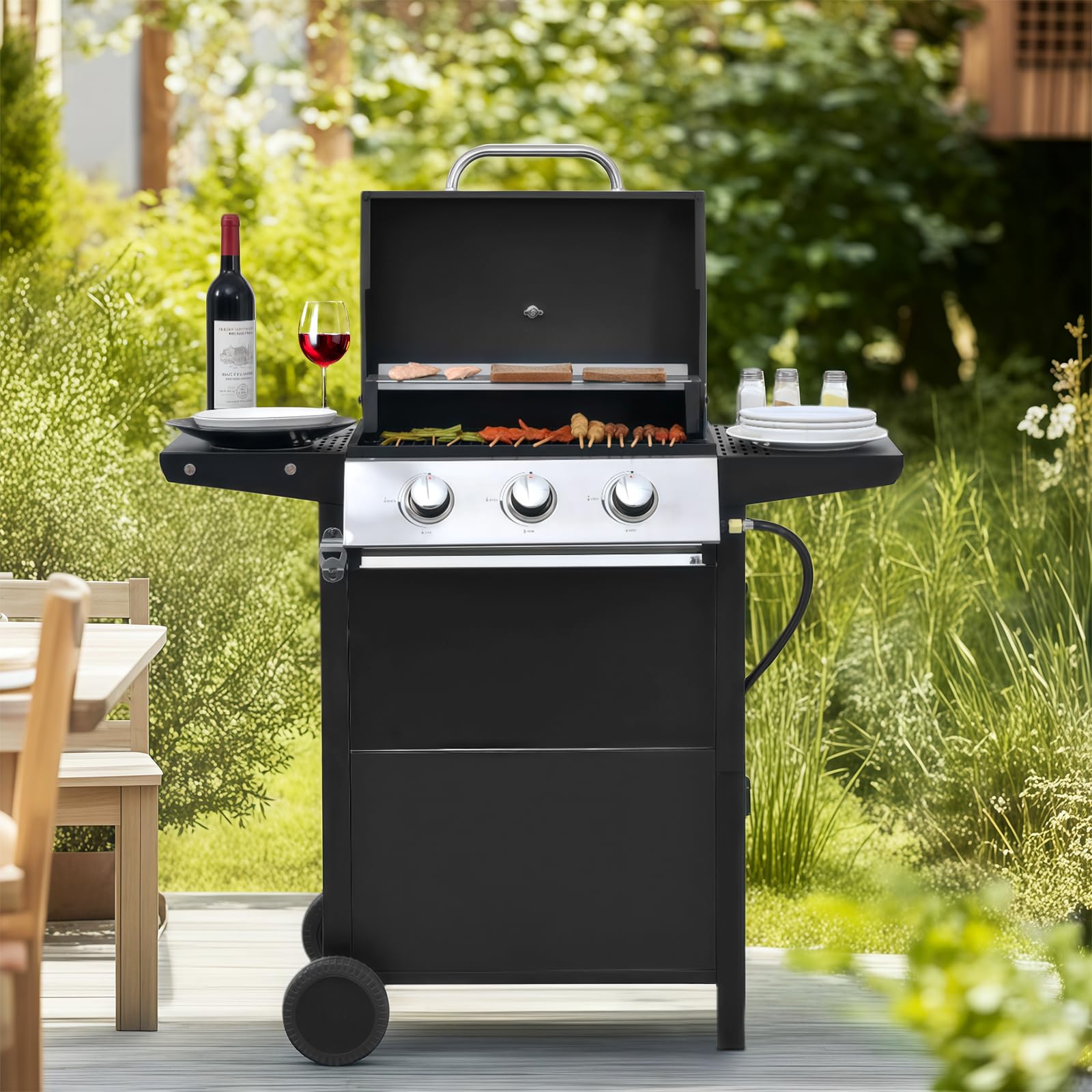 **25,650 BTU Propane Gas Grill - 3 Stainless Steel Burners with Built-in Thermometer - All-Weather Outdoor BBQ Grill for Backyard, Patio & Camping - Black**