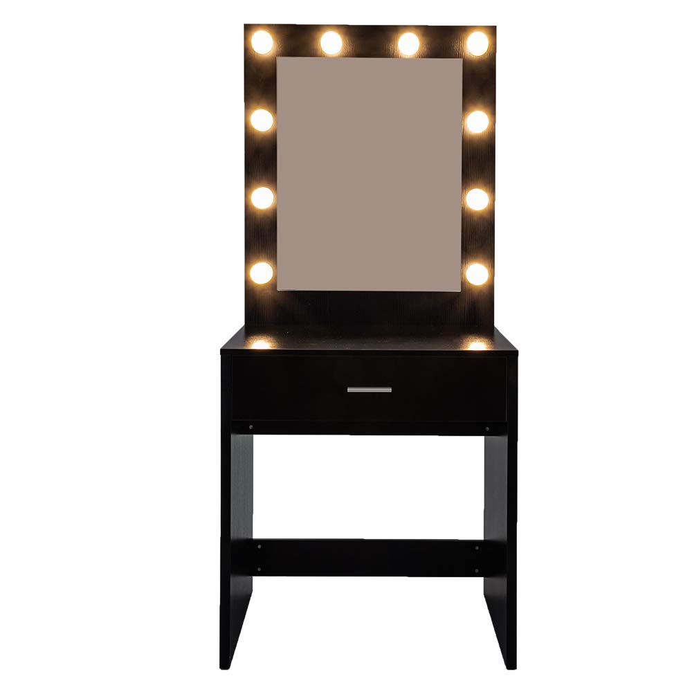 Lighted Makeup Vanity Set with Mirror - Large Storage Vanity Desk with Lights for Bedroom, Dressing Table with LED Lighting (Black) | Perfect for Makeup Application, Skincare Routine & Home Decor