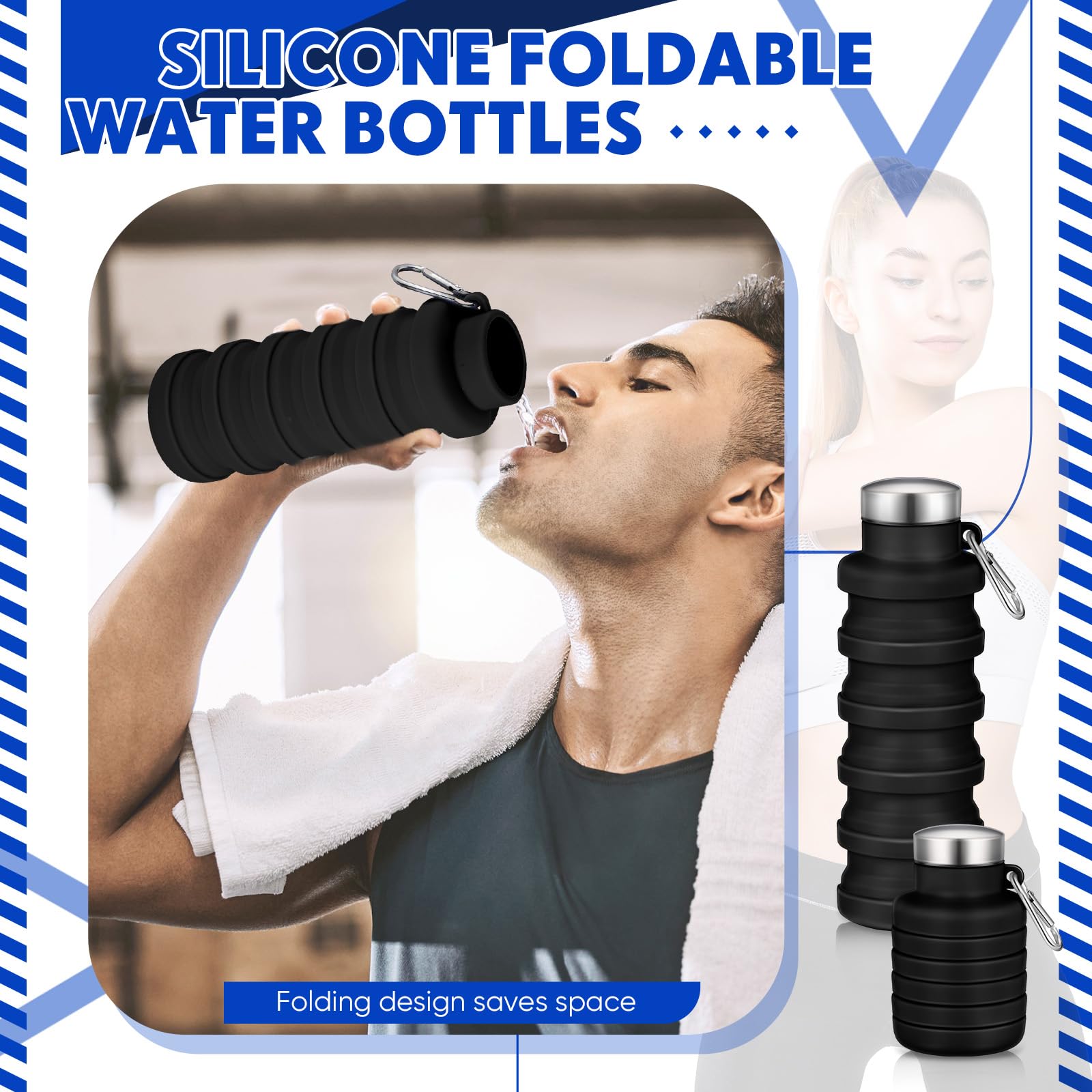 Baderke 2 Pack 17oz Collapsible Silicone Water Bottles - Foldable, Leakproof & Lightweight Reusable Travel Bottle with Buckle for Camping, Hiking, Cycling, Gym & Outdoor Sports (Black) - Perfect for Backpacking, Workout & Daily Hydration