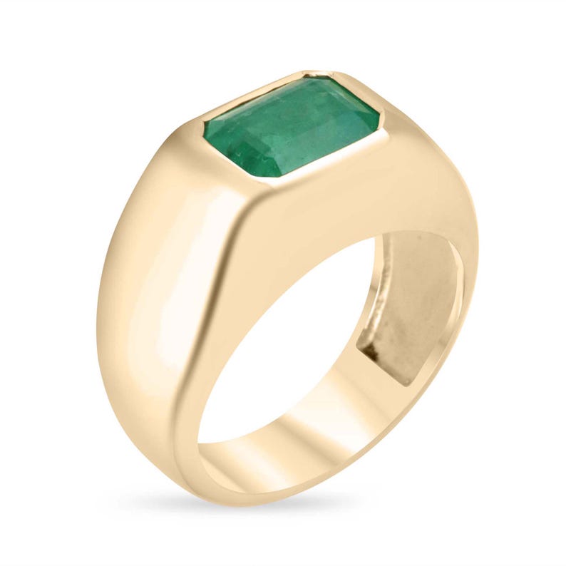 4.40ct Dark Green Emerald Men's Heavy Solitaire Bezel Class Ring in 14K Gold – Perfect for Graduation, Prom, and Special Occasions