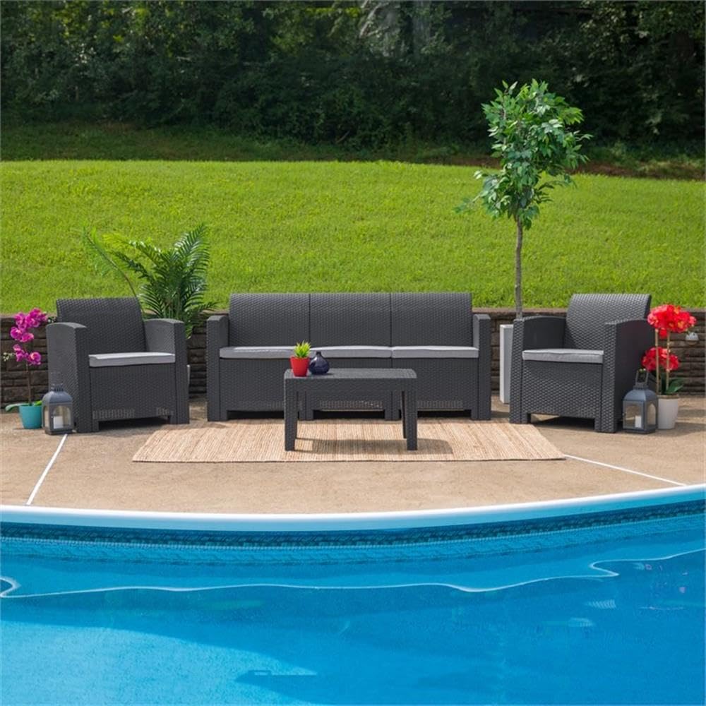 Dark Gray Wicker Plank Top Patio Coffee Table - Outdoor Furniture for Garden, Deck, Poolside & Backyard Relaxation