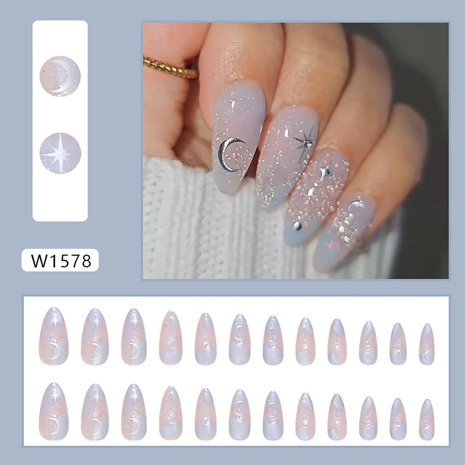 24Pcs Glossy Almond Press-On Nails - Full Cover Acrylic Fake Nails with Elegant Designs, Medium Length Reusable False Nails for Women & Girls (W1578) - Perfect for Parties, Weddings, Date Nights & Everyday Glam
