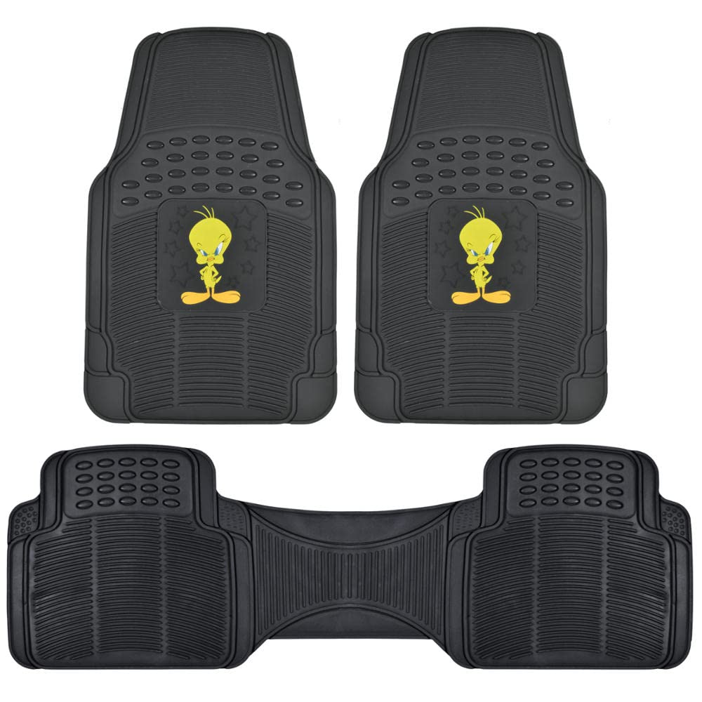 BDK Warner Bros Looney Tunes Tweety Bird All-Weather Universal Fit Car Floor Mats - Heavy Duty Rubber Non-Slip 3-Piece Set for Front Seats | Durable Car Accessories for SUVs, Sedans & Trucks | Perfect for Road Trips, Daily Commute & Winter Protection