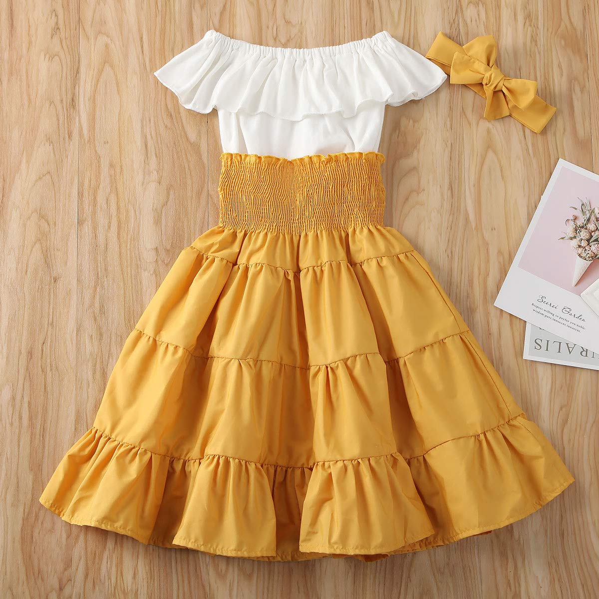 BULINGNA Fashion Girls Off-Shoulder Crop Top & High Waist Ruffled Maxi Skirt Set with Headband - Summer Toddler Outfit for Beach, Party & Photo Shoots