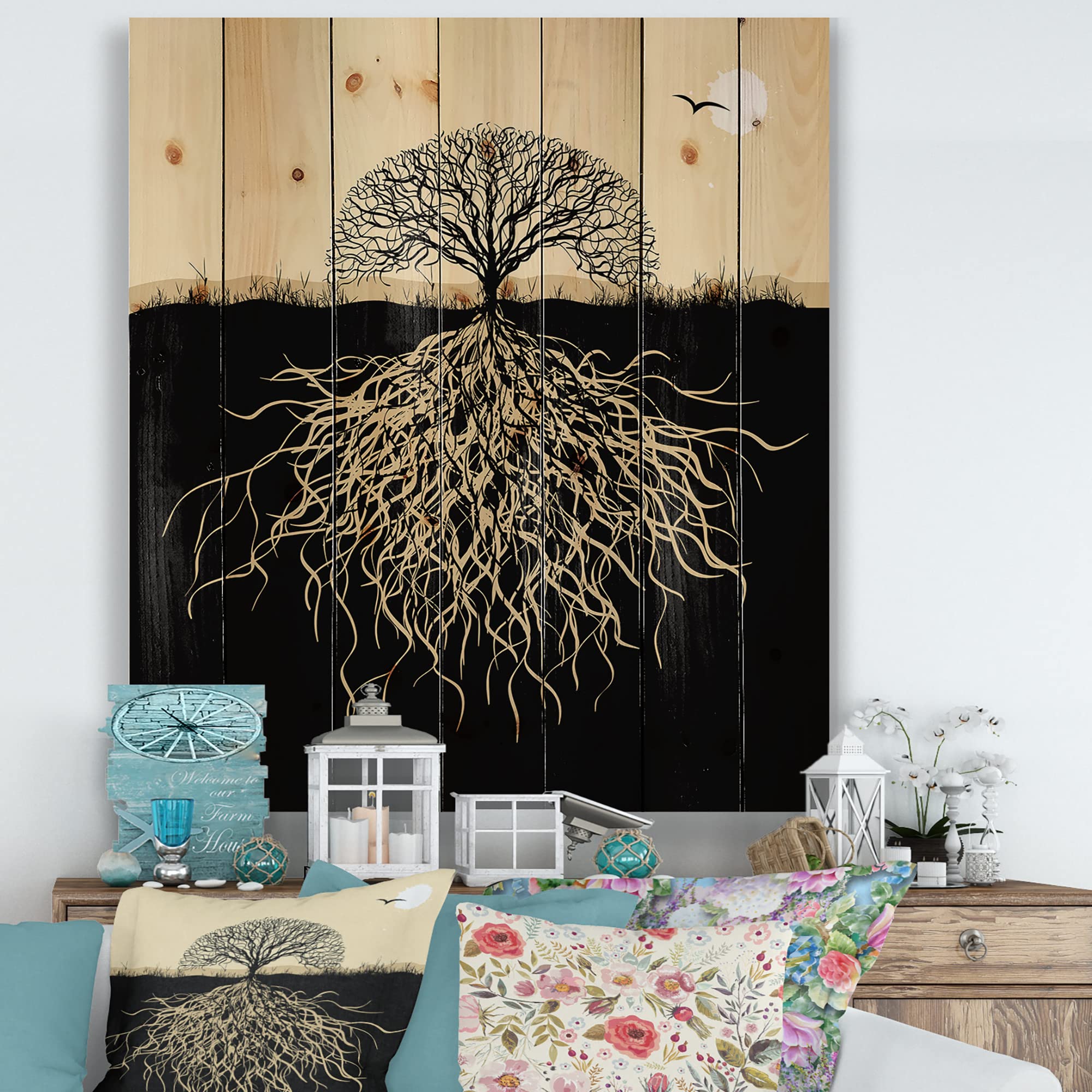 DesignQ Tree Silhouette Wall Art - Black Wooden Wall Decor with Roots, Large Landscape Panel Printed on Natural Pine Wood - Perfect for Living Room, Bedroom & Office Decor