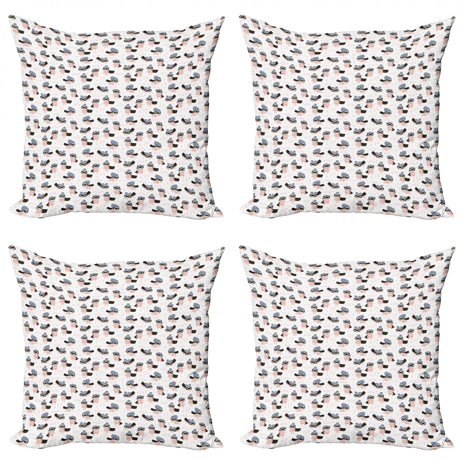 Ambesonne 4-Pack Retro Decorative Throw Pillow Covers 20x20 Inches - Cartoon Hero with Cloak & Heart Pattern - Blush & Dark Grey Cushion Covers for Sofa, Living Room, Bedroom, Car - Perfect for Home Decor, Gifts, and Cozy Comfort