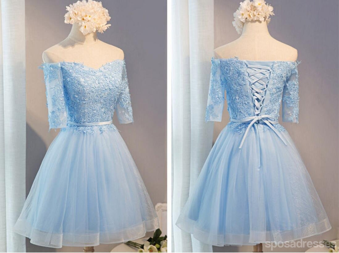 Elegant Off Shoulder Short Sleeve Blue Lace Prom Dress for Homecoming | Affordable Party Dress for Teens | Perfect for Dances, Formals & Special Occasions | CM287