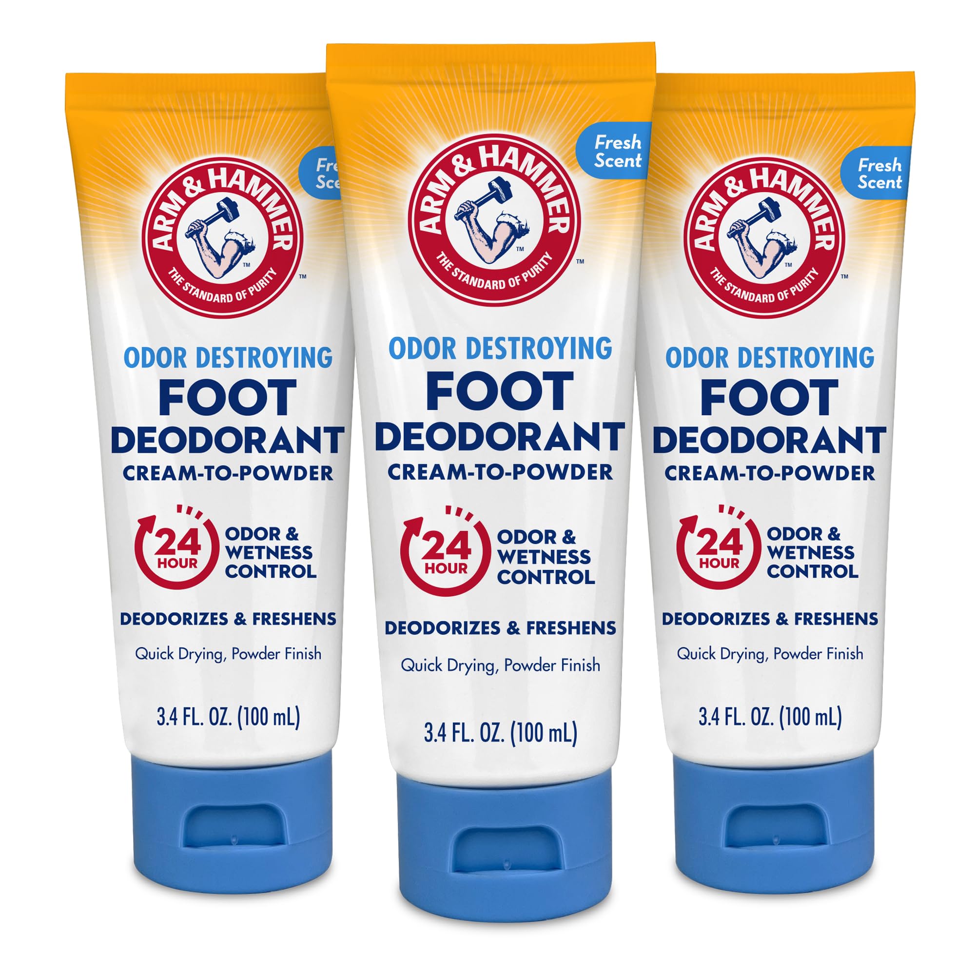 Arm & Hammer Cream to Powder Foot Deodorant - 24 Hour Odor & Wetness Protection, Long Lasting Antiperspirant for Men & Women (3 Pack) - Perfect for Active Lifestyles, Sports & Daily Comfort