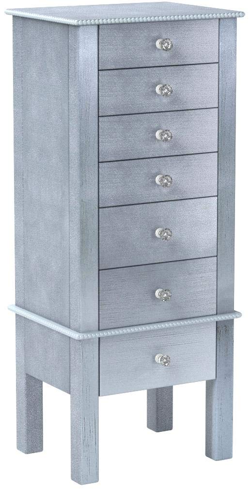 Modern Silver Jewelry Armoire with Divided Drawers & Necklace Hooks - French-Inspired Jewelry Organizer with Anti-Tarnish Felt Lining - Perfect for Bedroom, Closet & Vanity Storage
