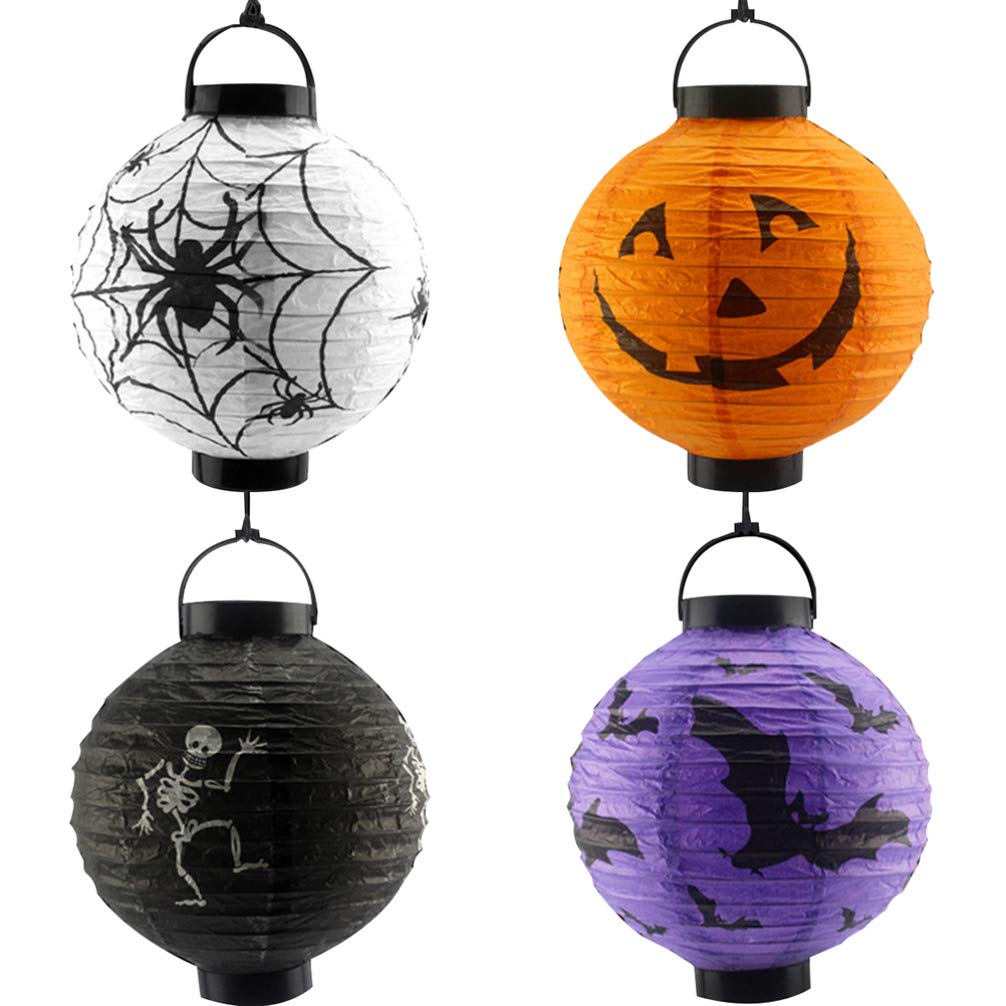 Homoyoyo 8Pcs Halloween Paper Lanterns Set - LED Pumpkin Spider Bat Skeleton Hanging Decorations for Indoor/Outdoor Halloween Party Decor