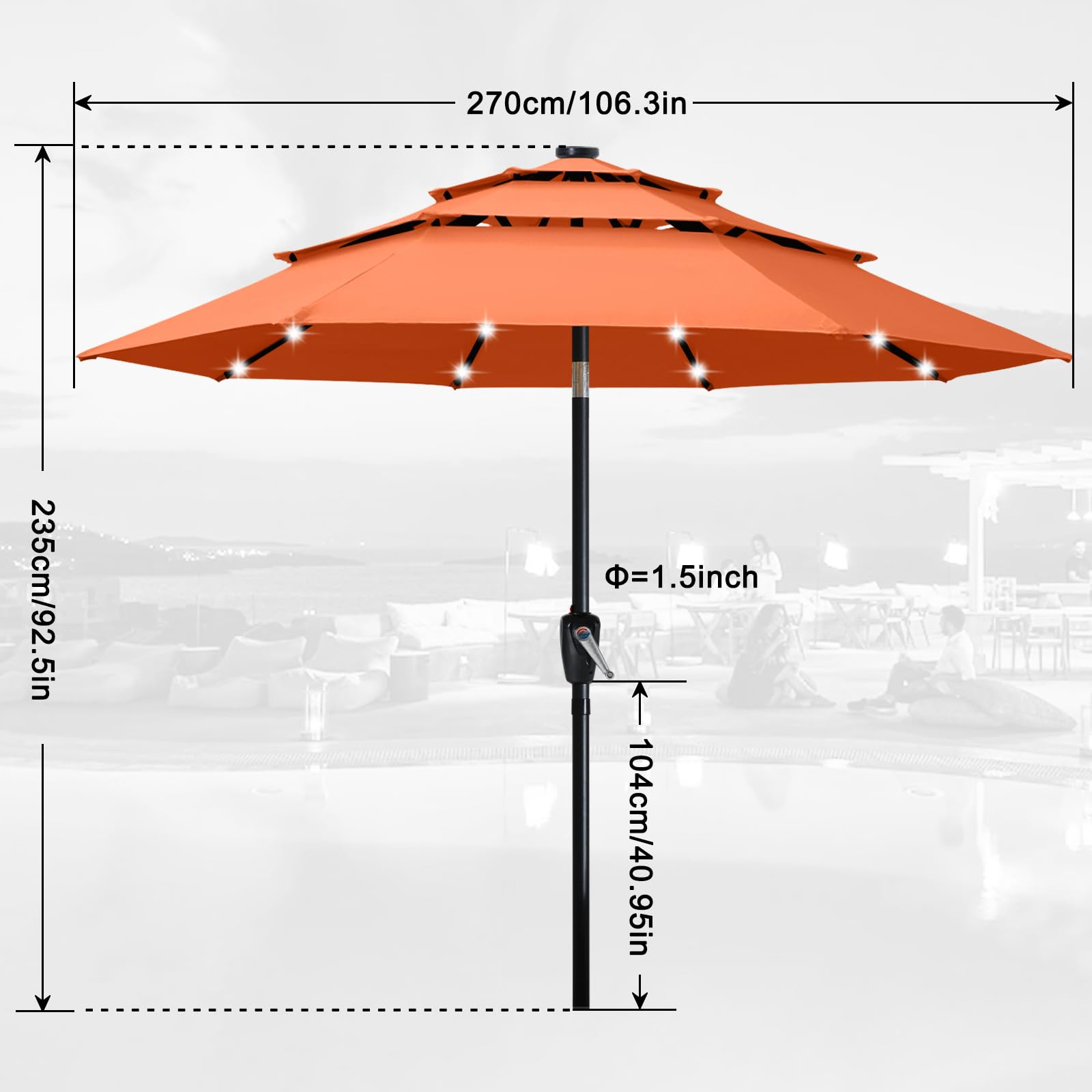 ABCCANOPY 9FT Solar LED Patio Umbrella - 3-Tier Outdoor Market Umbrella with Auto-Tilt & Wind Vent (Orange) - Perfect for Backyard, Poolside, Beach, and Outdoor Dining Areas