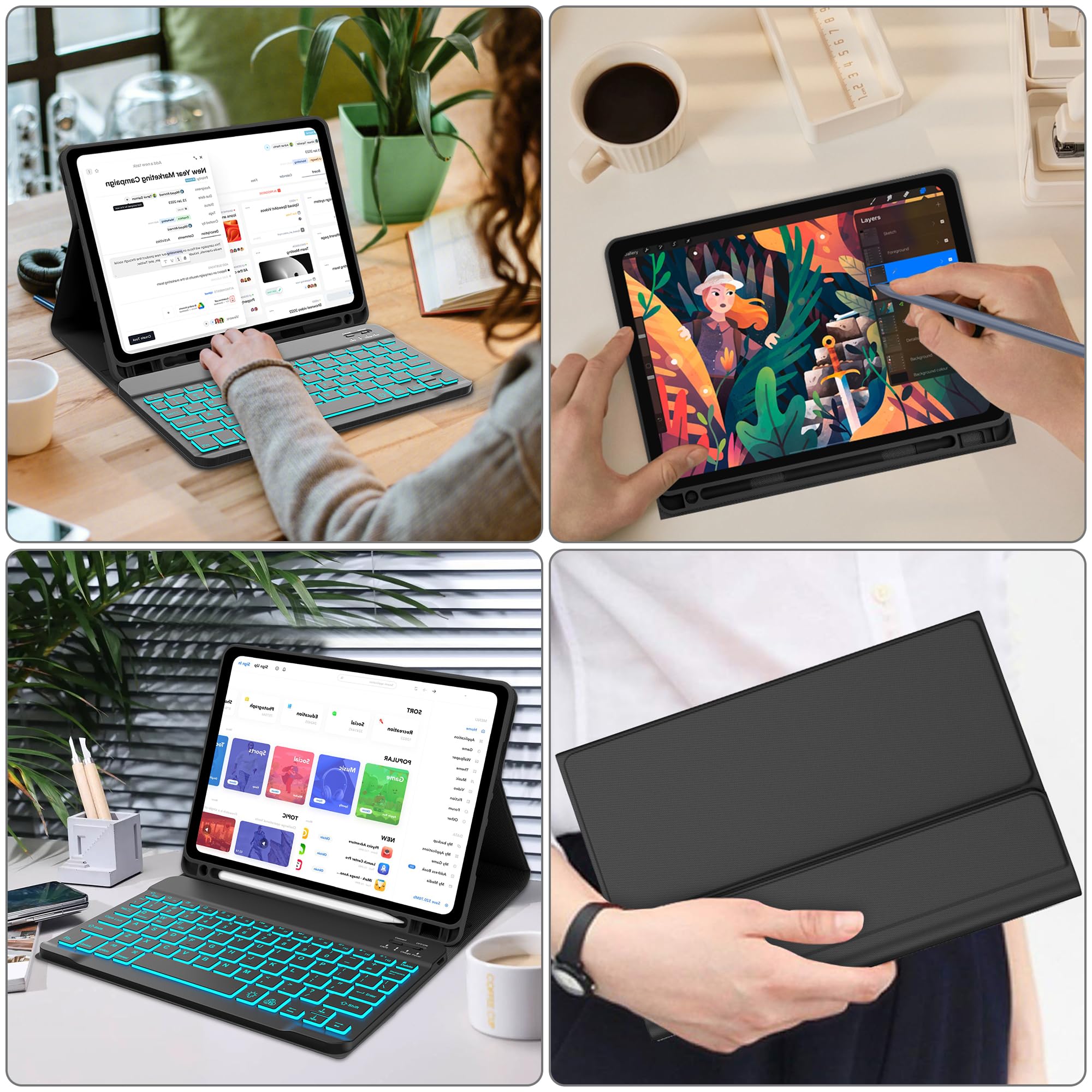KVAGO Backlit Wireless Keyboard Case for iPad 9th/8th/7th Gen & iPad Air 3rd Gen - Detachable Folio Cover with Pencil Holder | Perfect for Work, Study & Travel (10.2 inch, Black)