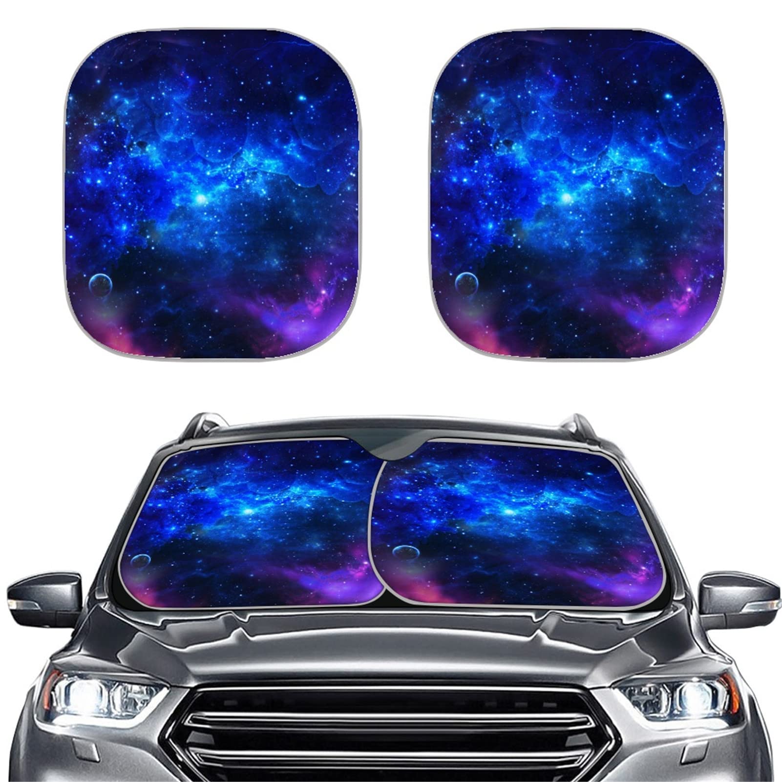 Blue Galaxy Print Universal Car Windshield Sun Shade for Truck Sedan SUV Van - UV Protection & Heat Blocking - Pack of 2 - Perfect for Summer Parking & Road Trips