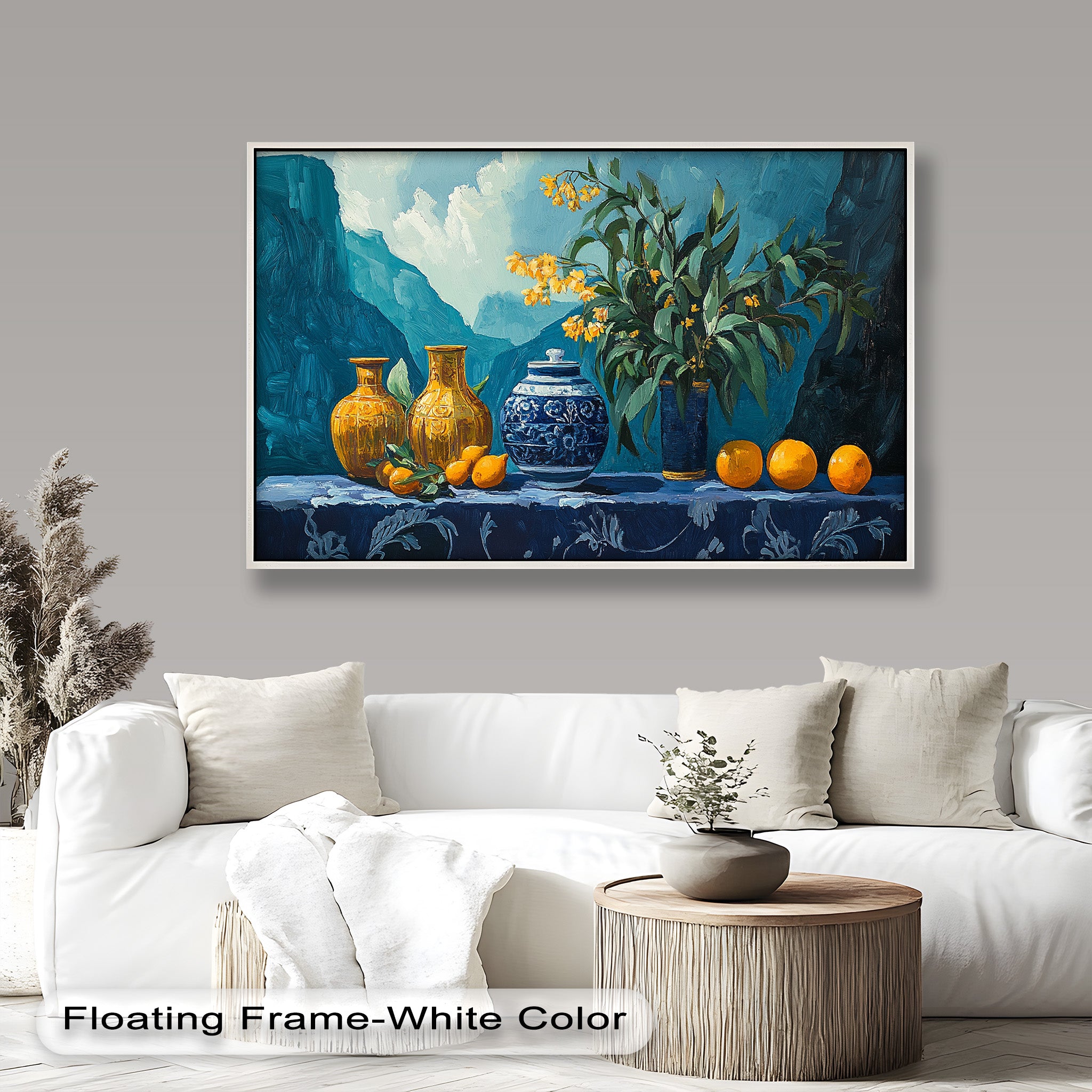 Blue & Yellow Citrus Still Life Vase - Handmade Framed Oil Painting for Home Decor, Living Room, Dining Room Wall Art