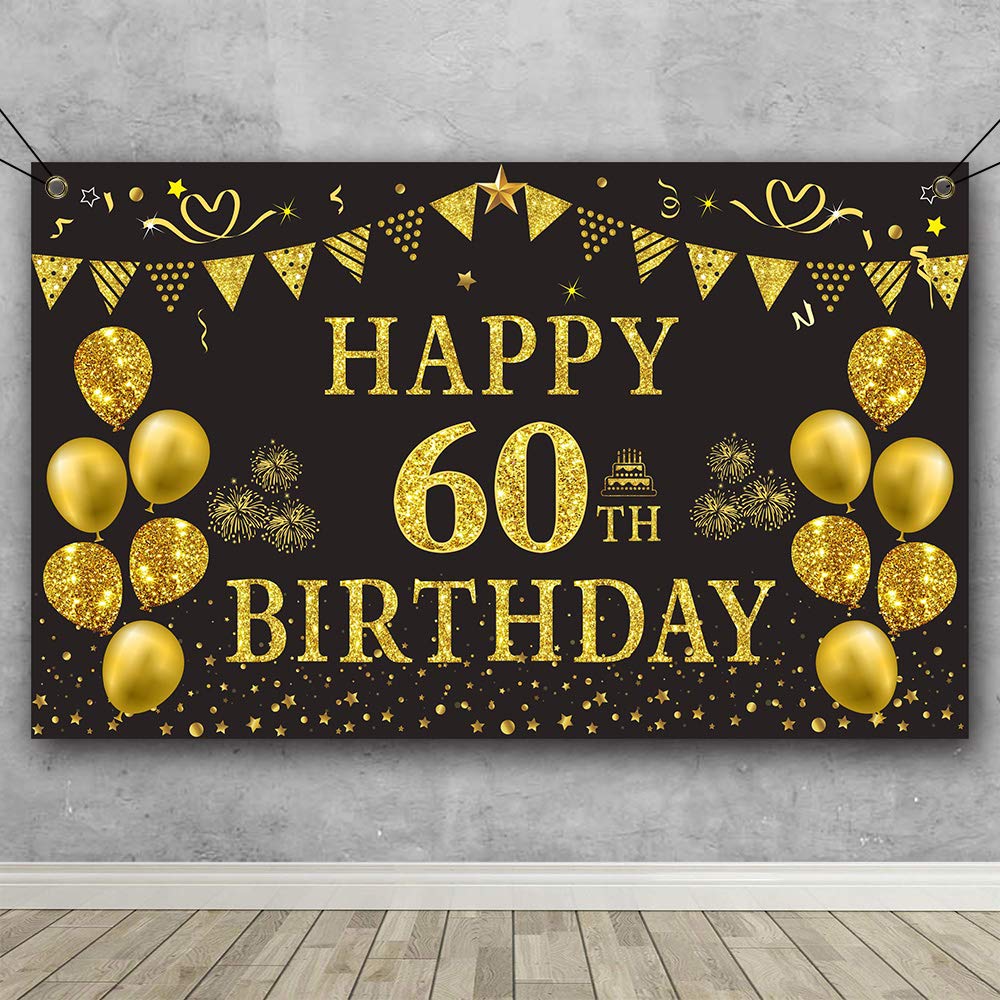 Trgowaul 60th Birthday Backdrop - 5.9x3.6ft Gold & Black Photography Background for Women & Men - Perfect for Milestone Birthday Parties, Photo Booths & Anniversary Celebrations