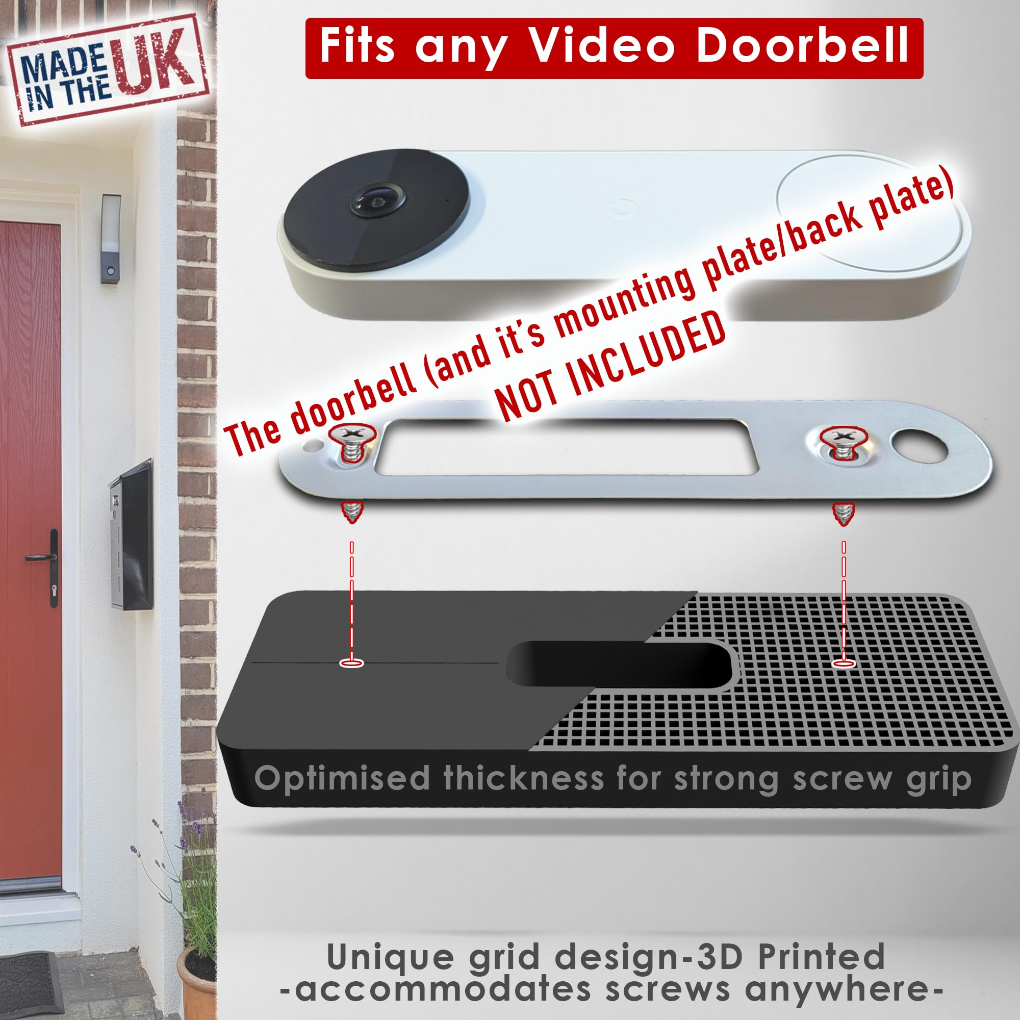 No-Drill Adhesive Mount for Aosu, Arlo, Blink, Eufy, Nest, Netamo, Reolink, Tapo, Wyze Video Doorbells – Slim Wall Plate for Wired & Wireless Security Cameras – Easy Installation for Apartments, Rentals & Damage-Free Setup
