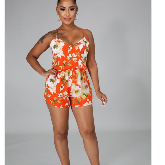 Stylish Orange Floral Romper Jumpsuit for Women - Summer Casual Outfit, Beach Vacation, Party Wear
