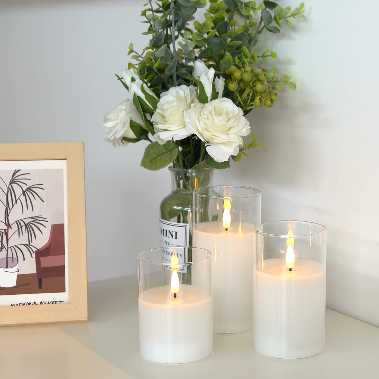 Amagic 3-Pack Flameless LED Candles with Timer & Remote - Battery Operated Clear Glass Pillar Candles, Pure White Wax - Perfect for Weddings, Home Decor, and Relaxation