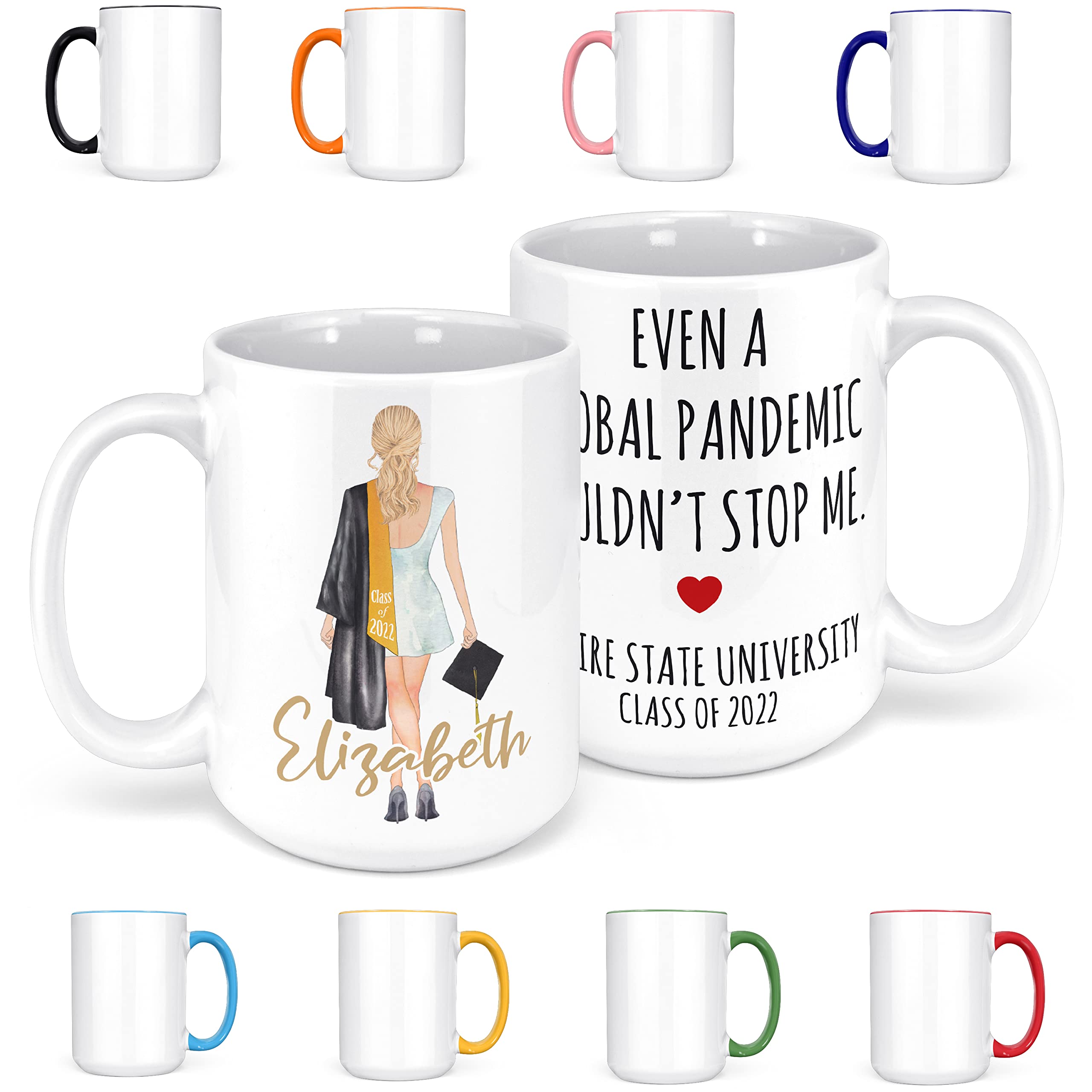 Custom Graduation Mug 2022 - Personalized Coffee Cup with Name & Text Options for Women - Choose Hair, Robe & Skin Color (2 Sizes) - Perfect Graduation Gift for High School & College Graduates - Class of 2022 - Ideal for Office, Home & Dorm Use