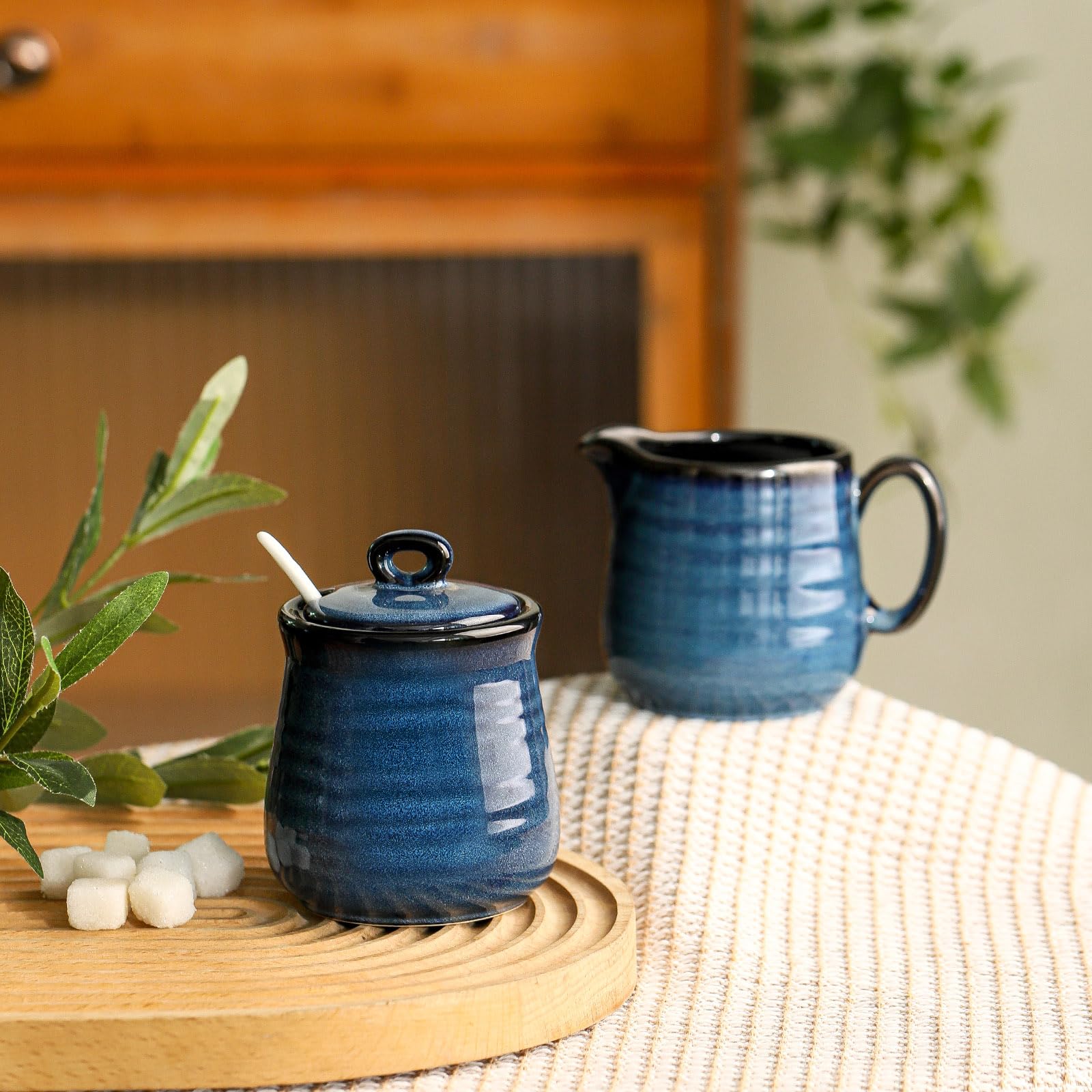Farmhouse Style Ceramic Sugar Bowl with Lid & Spoon, Creamer Pitcher, and Serving Tray Set - 11oz Sugar Container & 10oz Milk Jug - Microwave & Dishwasher Safe Coffee Bar Accessories - Perfect for Breakfast Nook, Tea Parties, and Rustic Kitchen Decor (Blue)