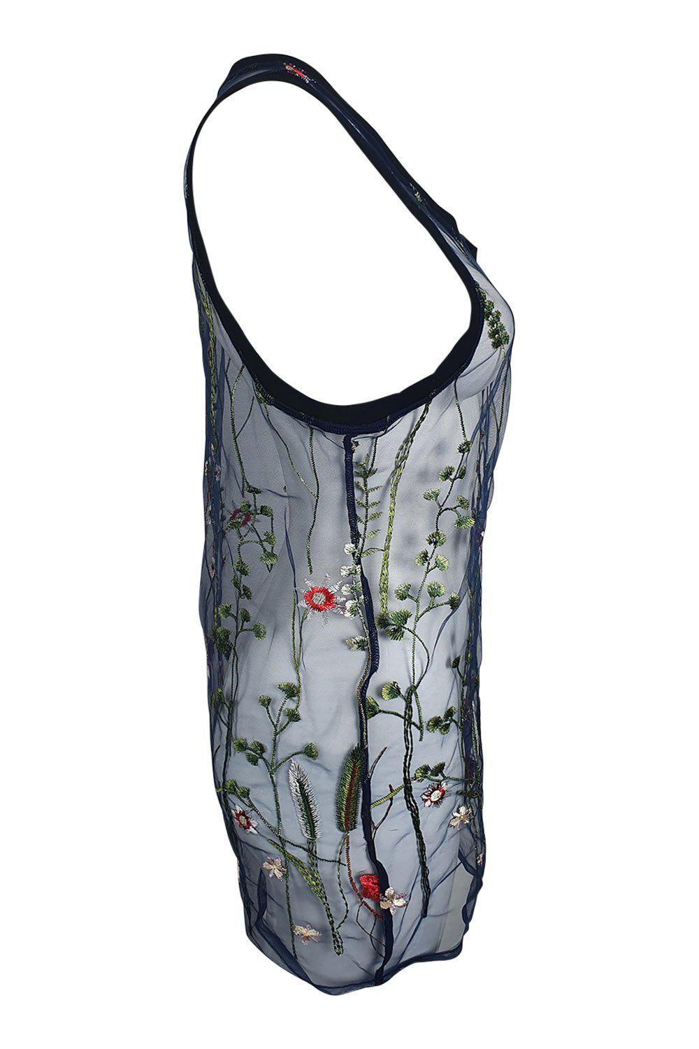 ETALON Steve Canar Blue Floral Illusion Tank Top for Women - Summer Sleeveless Blouse, Casual V-Neck T-Shirt (Size S) - Perfect for Beach Outings, Music Festivals & Date Nights