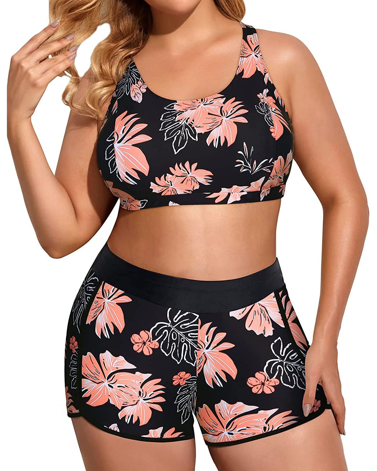 Holipick Women's Plus Size 3-Piece Tankini Swimwear Set - Tummy Control Bathing Suit with Boy Shorts & Built-in Sports Bra Top | Perfect for Beach Vacations, Pool Parties & Water Aerobics
