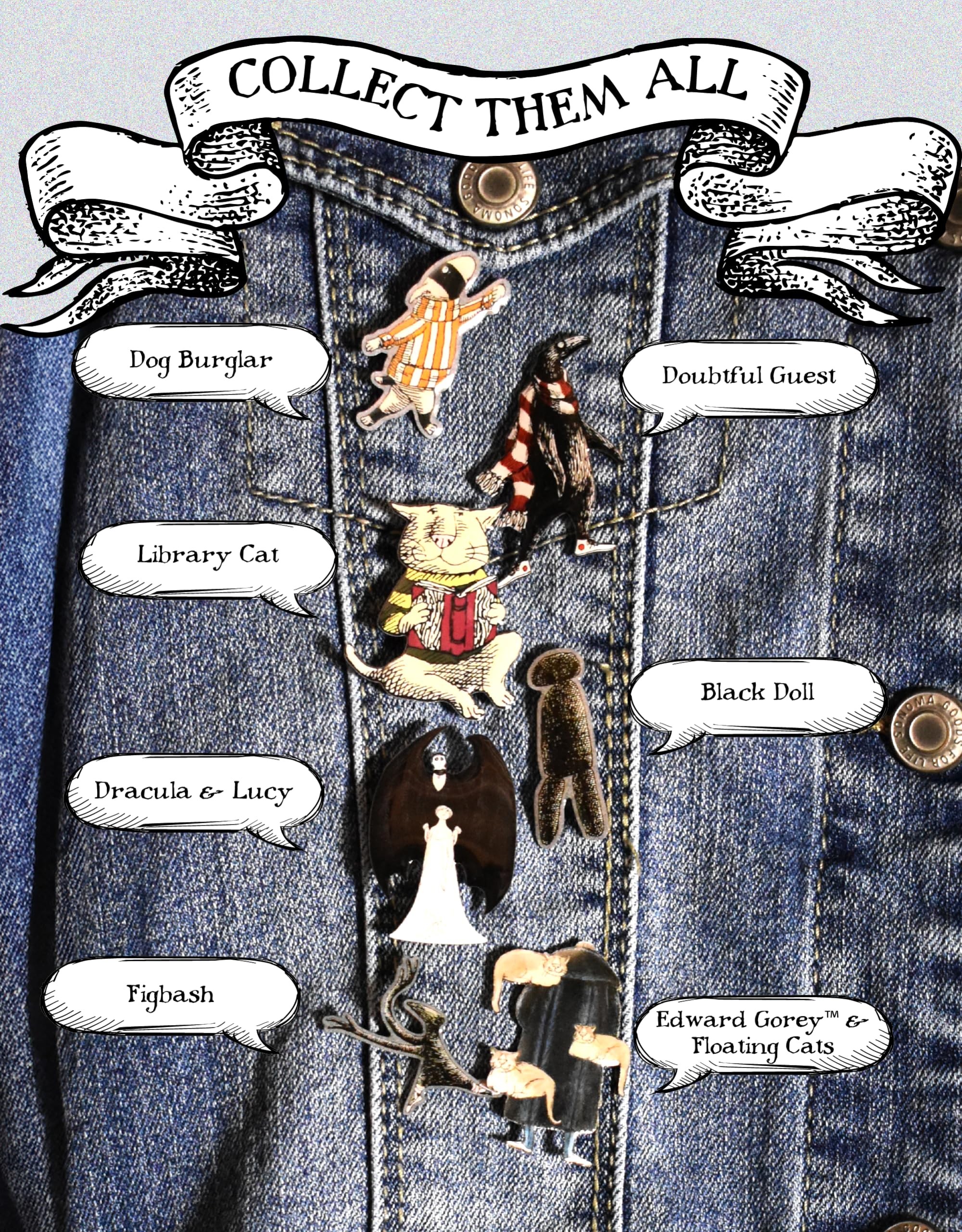 Edward Gorey Enamel Pin Set - Aesthetic Metallic Lapel Pins for Men & Women | Backpack Pins with Secure Rubber Clasp | Perfect for Jackets, Hats & Accessories