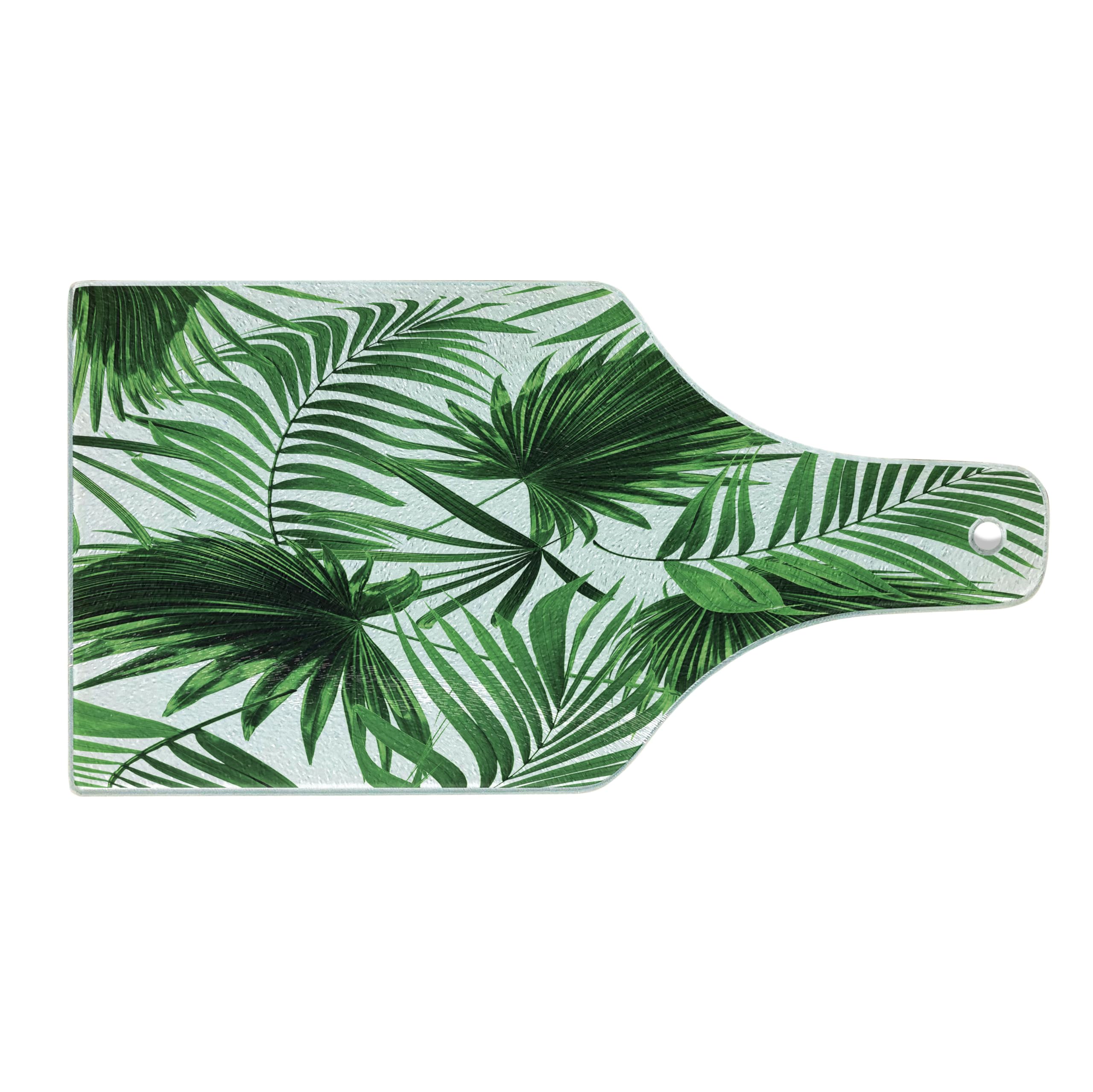 Ambesonne Palm Leaf Tempered Glass Cutting Board - Realistic Botanical Print, Decorative Serving Board with Wine Bottle Shape in Fern Green & White - Perfect for Kitchen Prep, Charcuterie, and Wine Pairing Displays