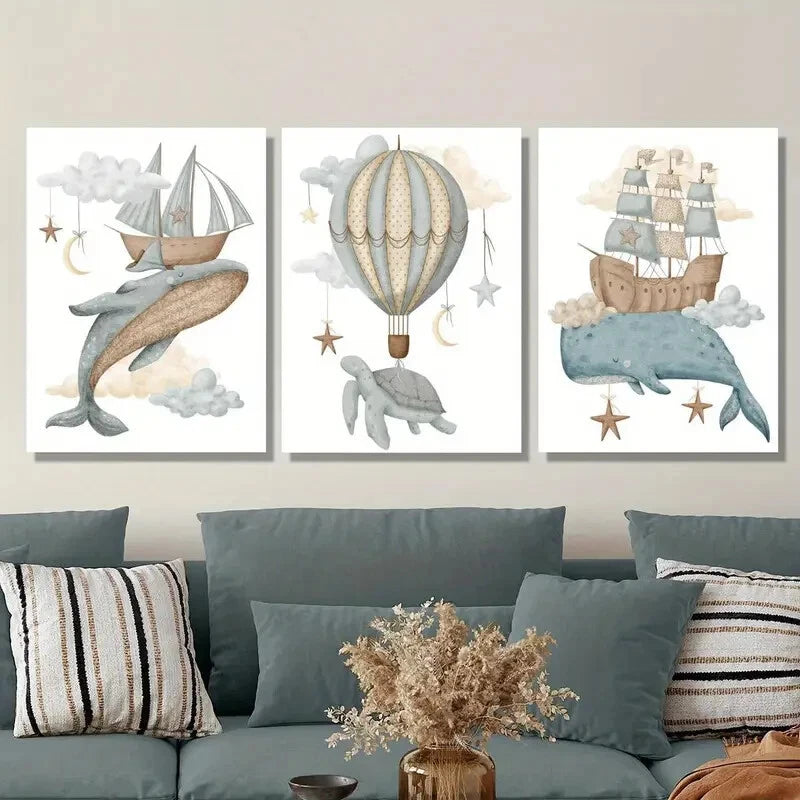3-Piece Flying Whale, Turtle & Sailing Ship Metal Wall Art Prints - Ready to Hang Home Decor for Living Room, Bedroom & Office