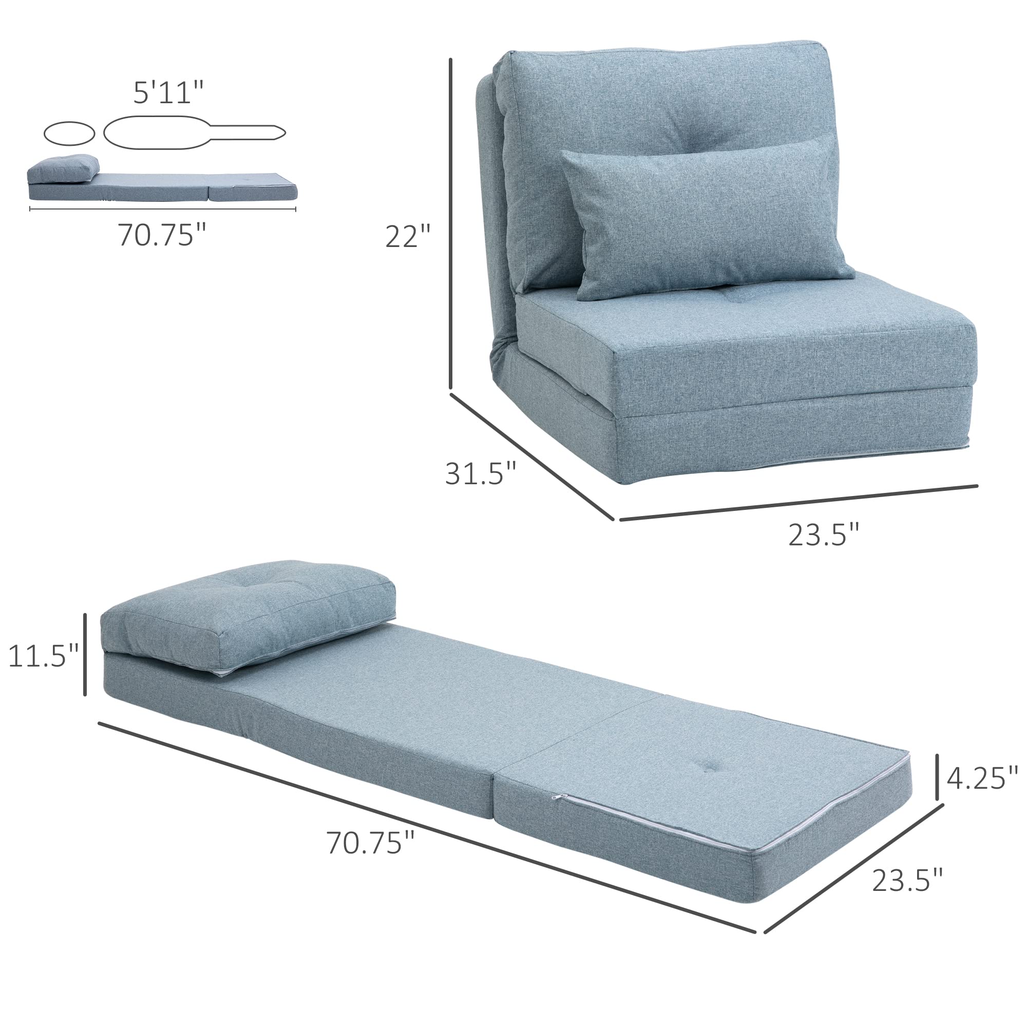 HOMCOM Convertible Flip Chair to Sofa Bed, Adjustable Backrest Folding Floor Lazy Couch with Metal Frame & Pillows - Blue Upholstered Furniture for Living Room, Bedroom, Small Space | Perfect for Lounging, Napping & Guest Sleeping