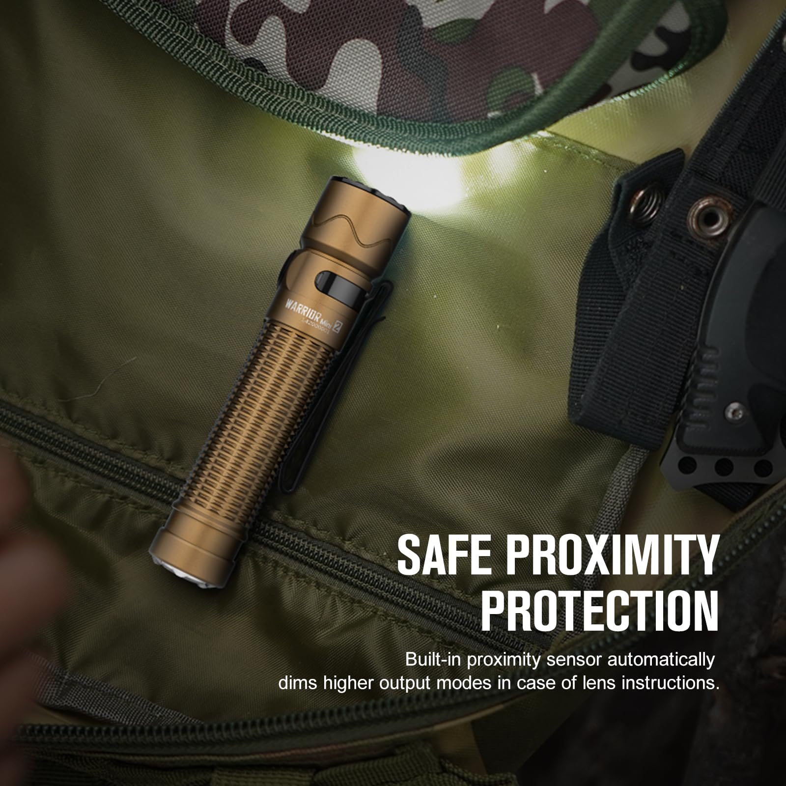 Olight Warrior Mini 2 Tactical Flashlight - 1750 Lumens, Rechargeable, Dual Switch & Proximity Sensor | High Performance LED for EDC, Outdoor, Camping, Emergency & Tactical Use (Desert Tan)