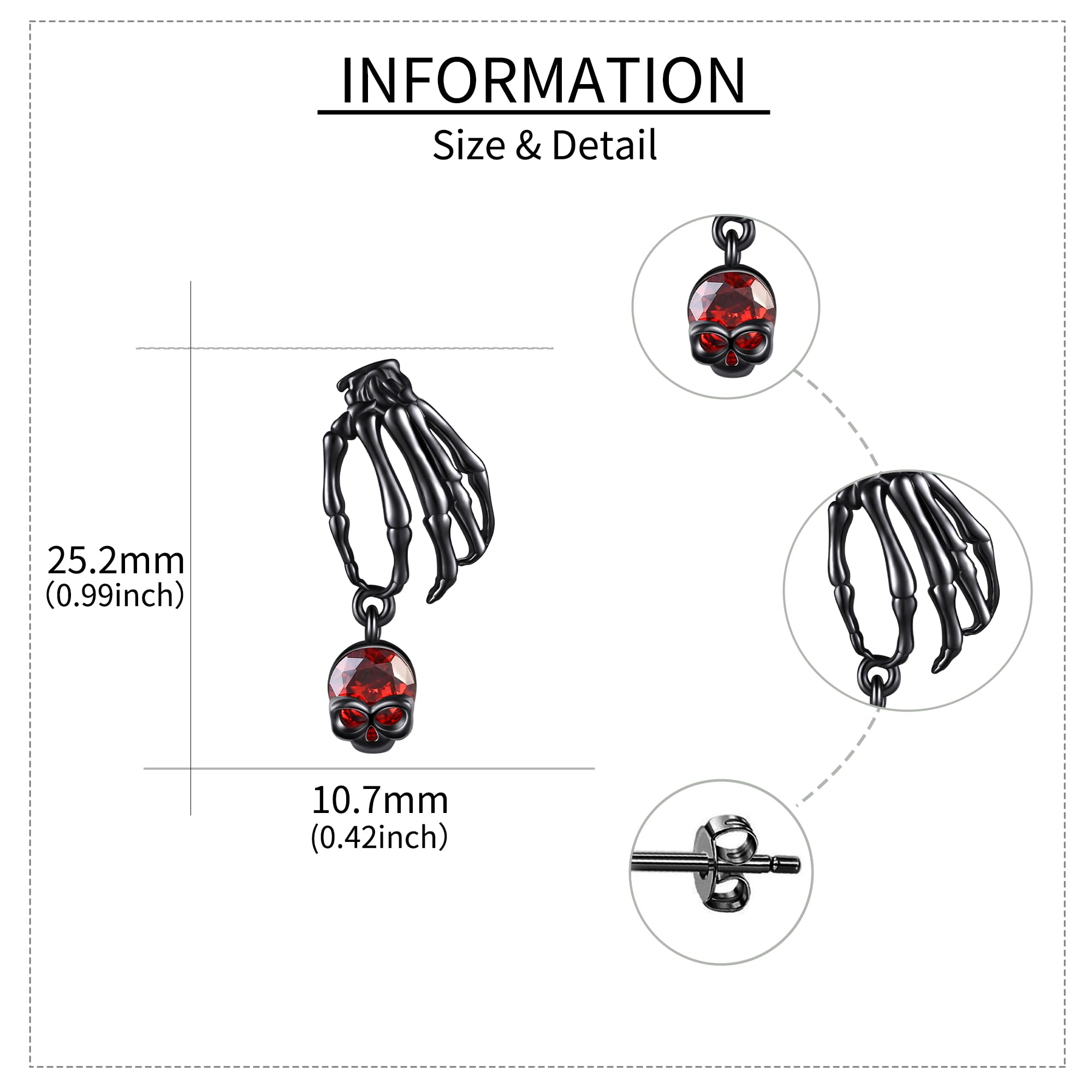 925 Sterling Silver Black Skeleton Hand Stud Earrings - Hypoallergenic Gothic Jewelry for Women & Men - Perfect for Halloween Parties, Goth Fashion, and Dark Aesthetic Outfits