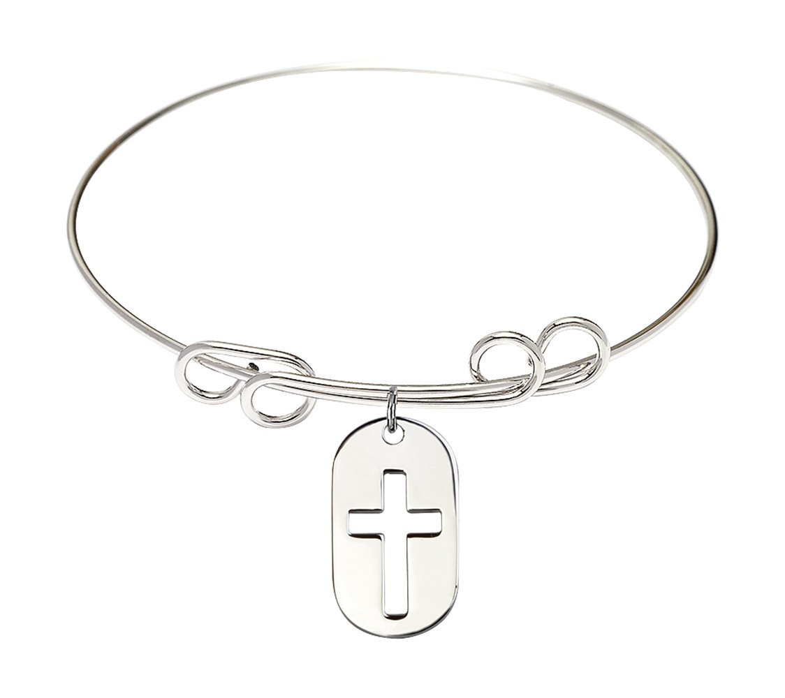 Sterling Silver Round Double Loop Bangle Bracelet with Cross Dog Tag Charm - Elegant Jewelry for Women, Perfect for Everyday Wear, Gifts & Special Occasions