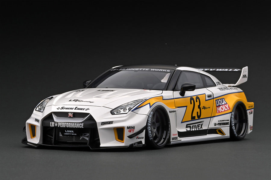 1:18 Scale Nissan 35GT-RR LB Silhouette Works GT Diecast Model Car - White & Yellow Color with Detailed Engine - Perfect for Collectors, Display, and Racing Enthusiasts