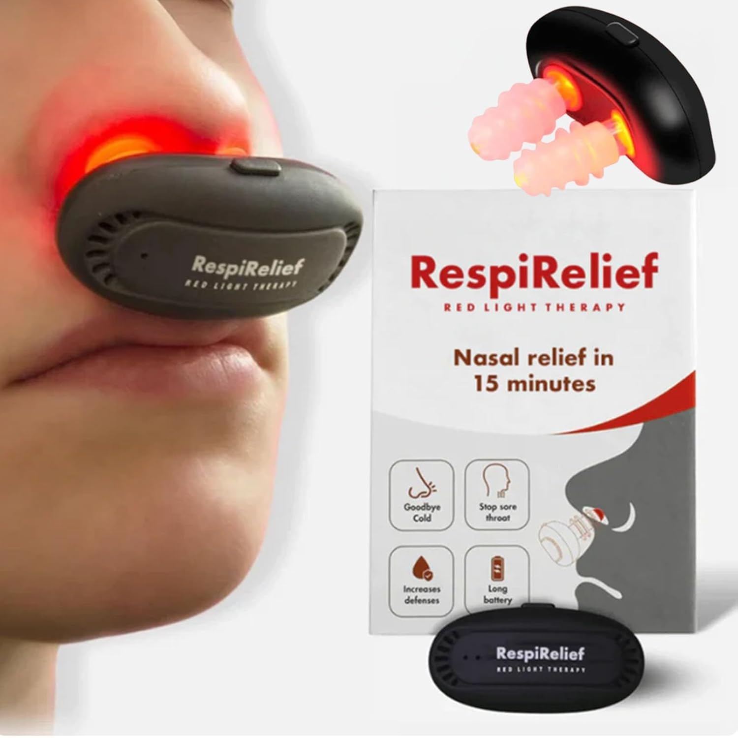 RespiRelief Red Light Nasal Therapy Device for Sinus Relief & Better Breathing - Portable Red Light Therapy for Nose (1 Pack) - Ideal for Allergy Relief, Cold Symptoms & Nasal Congestion at Home or Travel