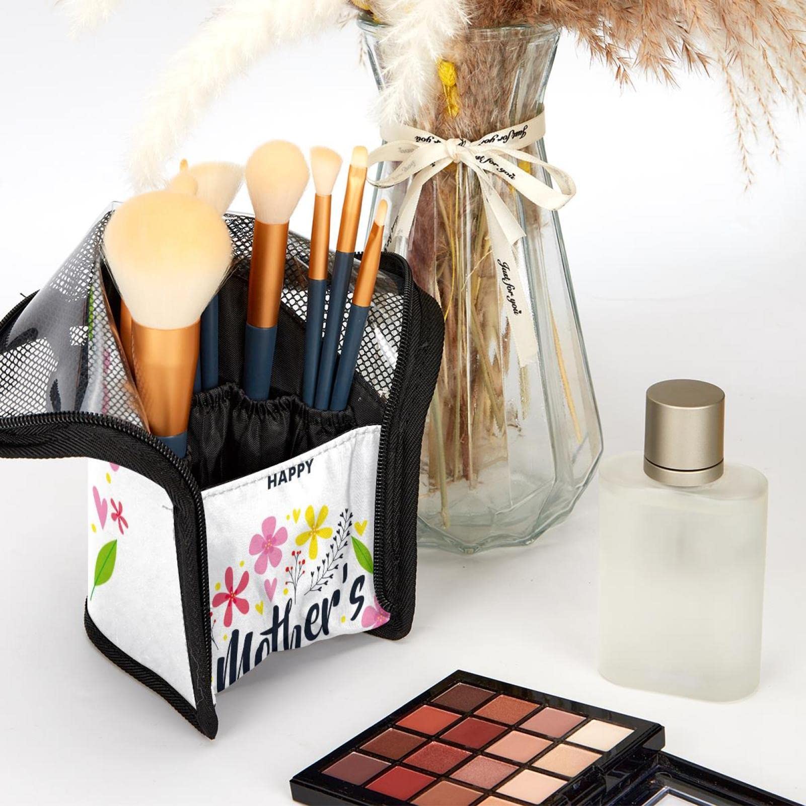 12-Piece Makeup Brush Organizer Bag with Portable Case - Flower Design Cosmetic Brush Holder for Travel & Home Storage - Perfect Mother's Day Gift for Makeup Lovers