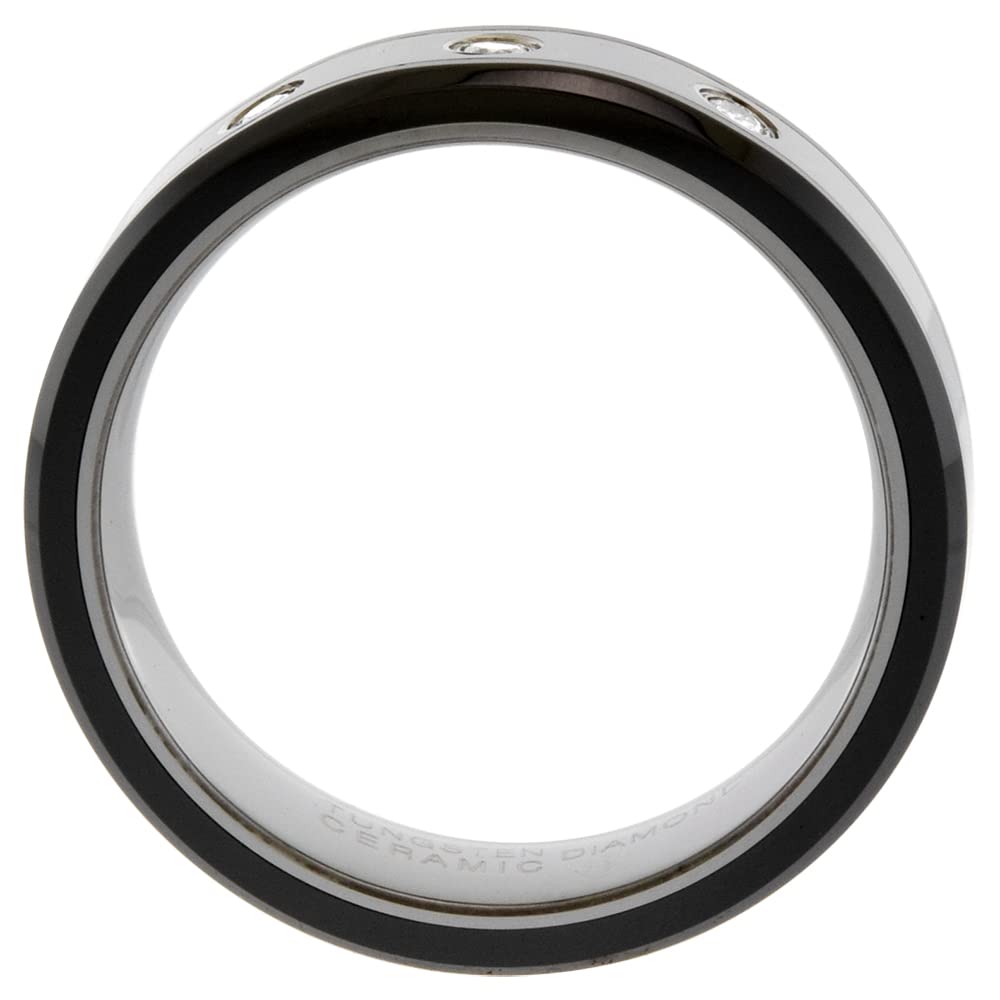 Sabrina Silver 2-Ring Set 6mm & 8mm Tungsten 3 Stone Diamond Wedding Band - Beveled Black Ceramic Edges, Comfort Fit Sizes 5-13 - Perfect for Anniversary Gifts & Bridal Jewelry