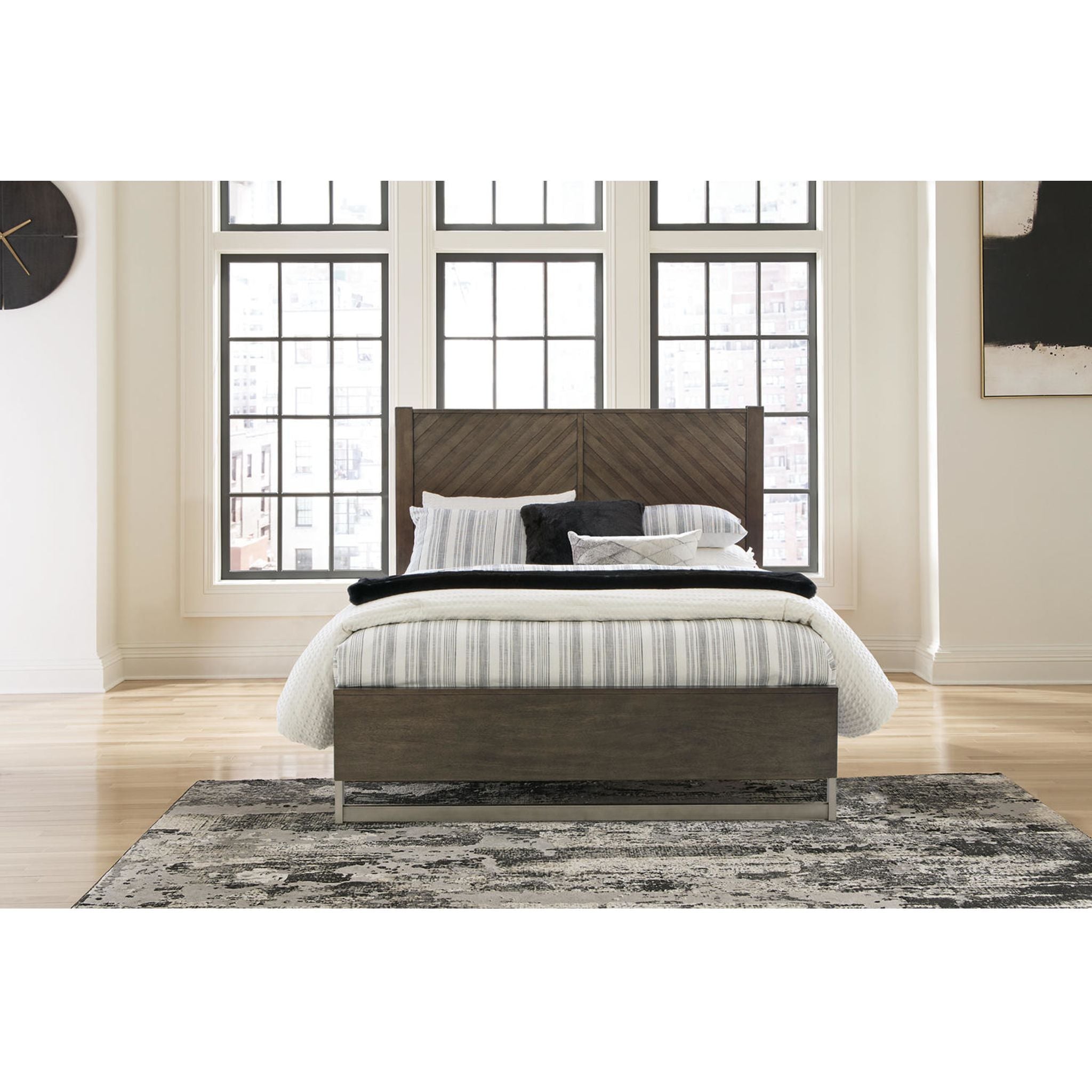 Arkenton Queen Panel Bed Frame - Grayish Brown Upholstered Headboard, Sturdy Wooden Slat Support for Bedroom, Guest Room, or Master Suite