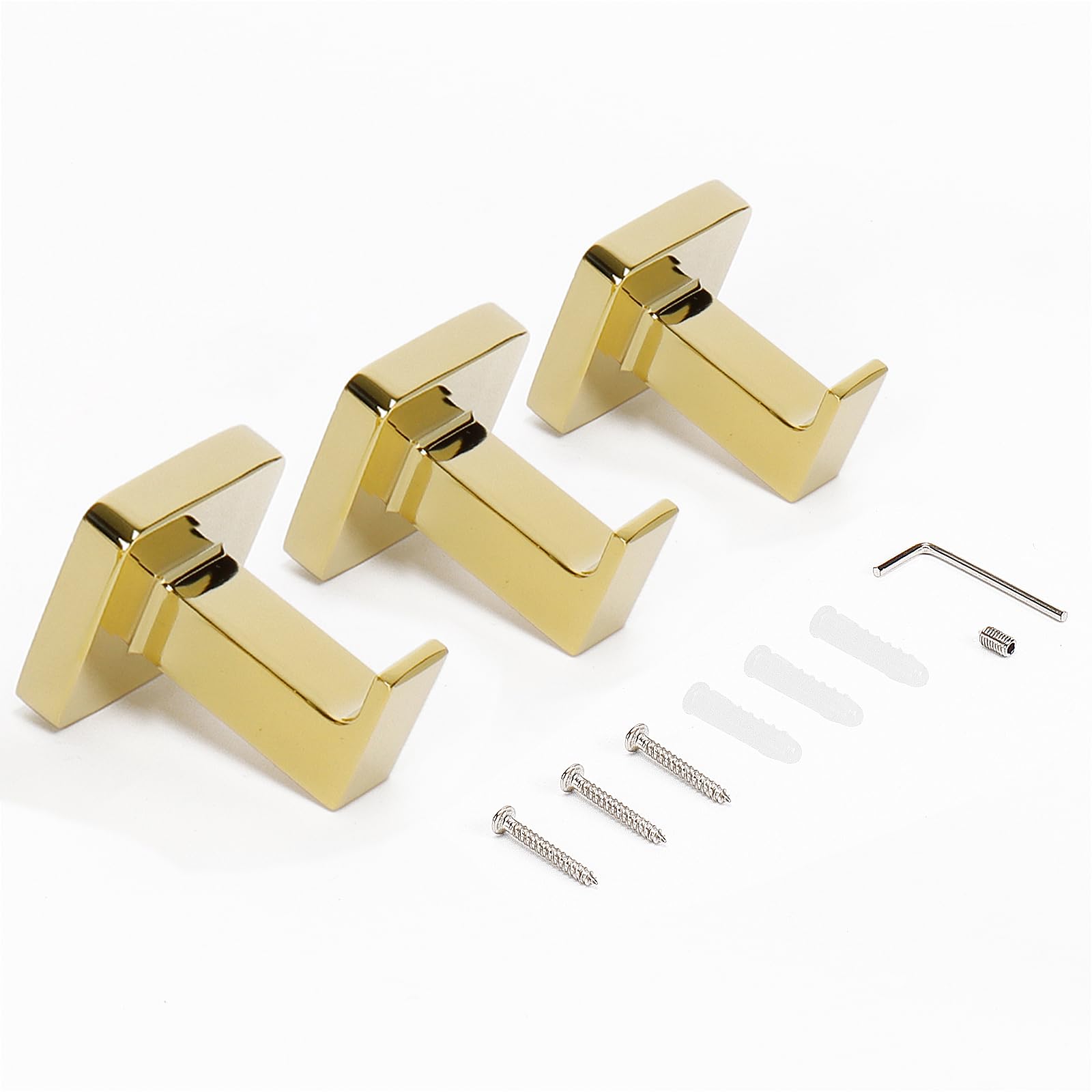 NearMoon Heavy Duty SUS304 Stainless Steel Square Bath Towel Hooks (3 Pack, Chrome Gold) - Wall Mounted Robe & Coat Hangers for Bathroom, Living Room, Hotel, Kitchen & Garage - Perfect for Organizing Towels, Robes and Outerwear in Any Space
