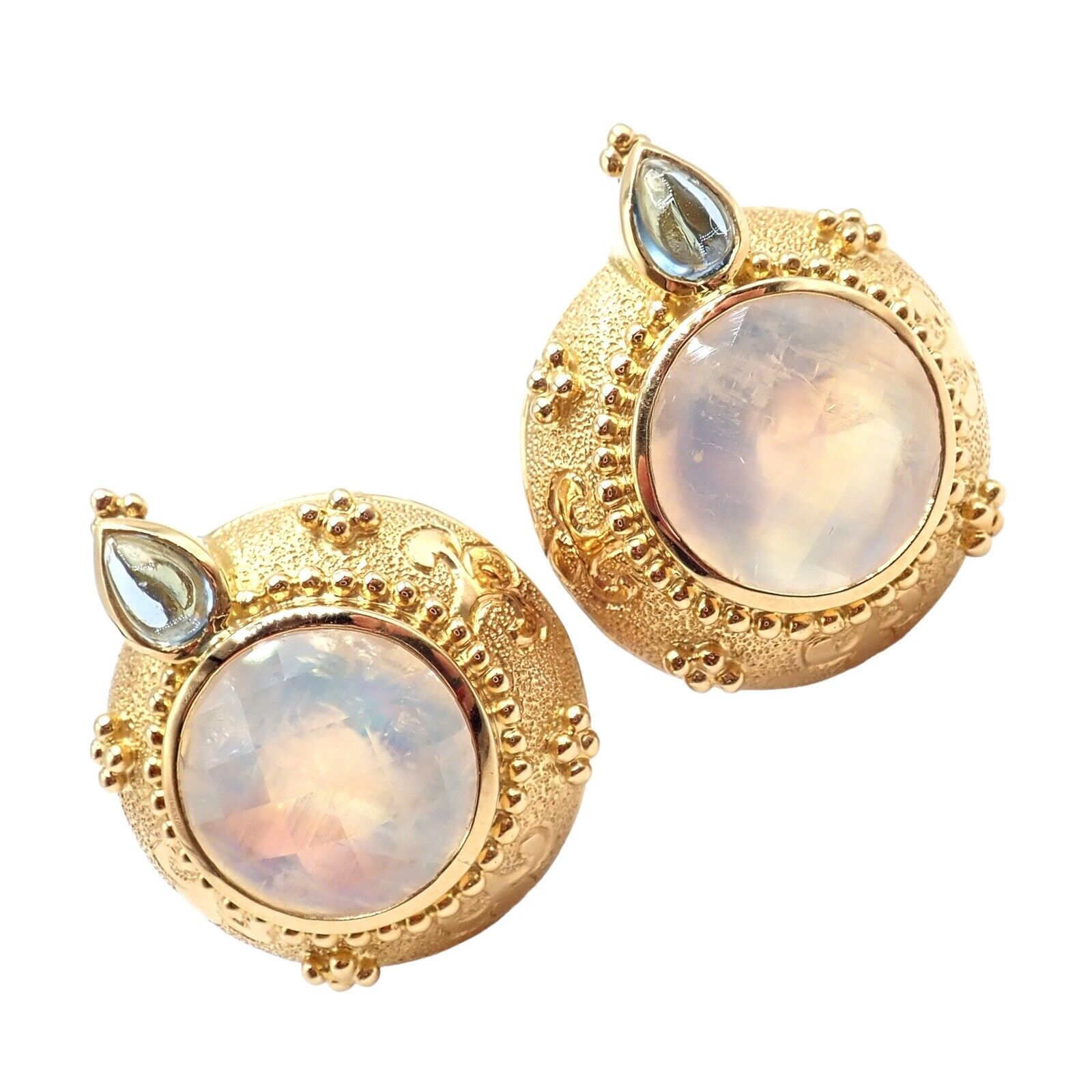Exquisite Vintage Paula Crevoshay 18K Gold Aquamarine Moonstone Round Earrings - Unique Handcrafted Jewelry for Weddings & Special Occasions