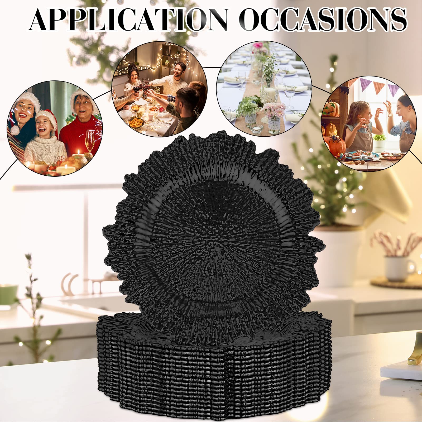 18-Pack Black Plastic Snowflake Charger Plates - 13 Inch Wedding & Christmas Dinner Plates - Elegant Floral Decor for Party Events, Holiday Tablescapes & Special Occasions